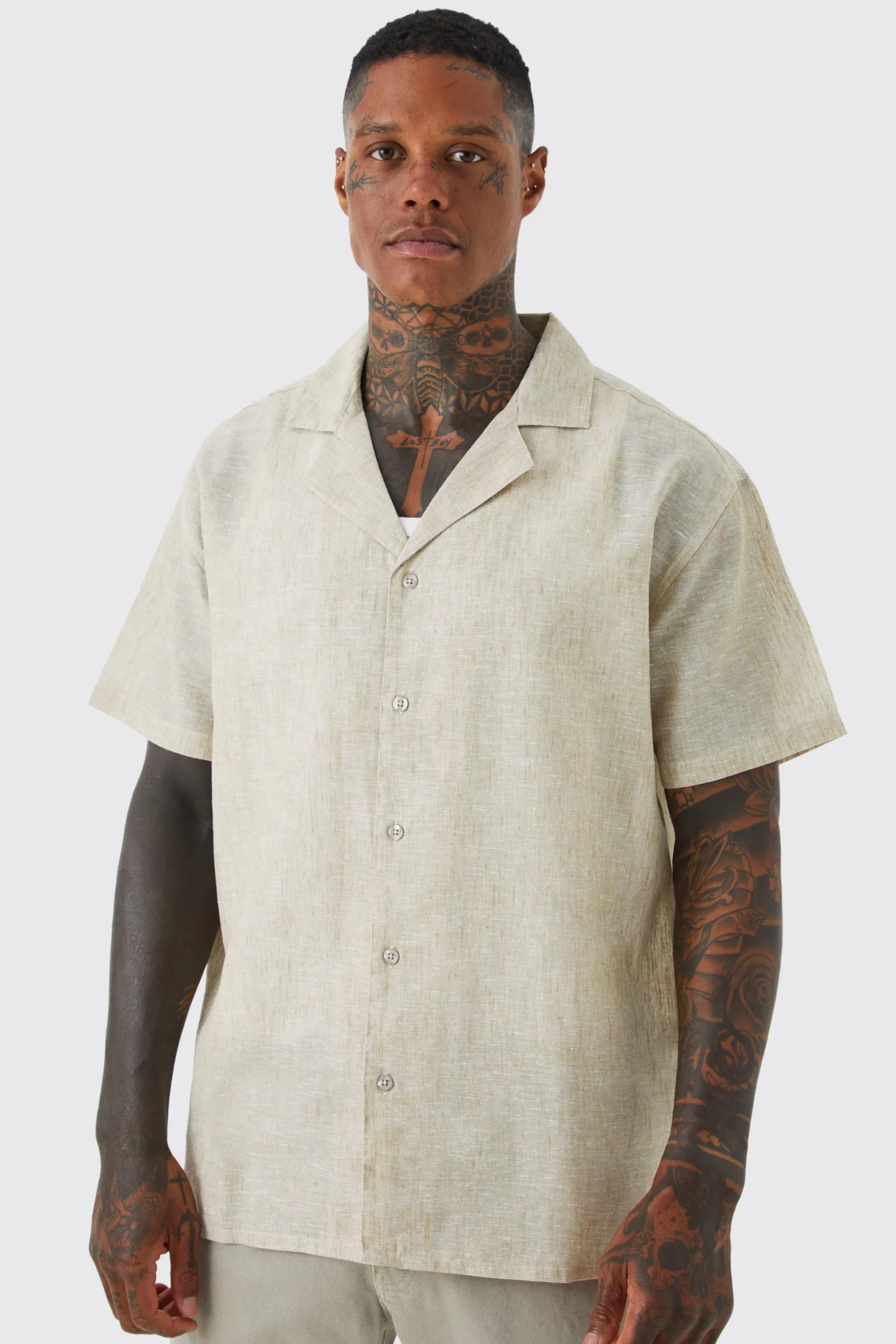 Short Sleeve Oversized Linen Look Revere Shirt | BoohooMAN UK