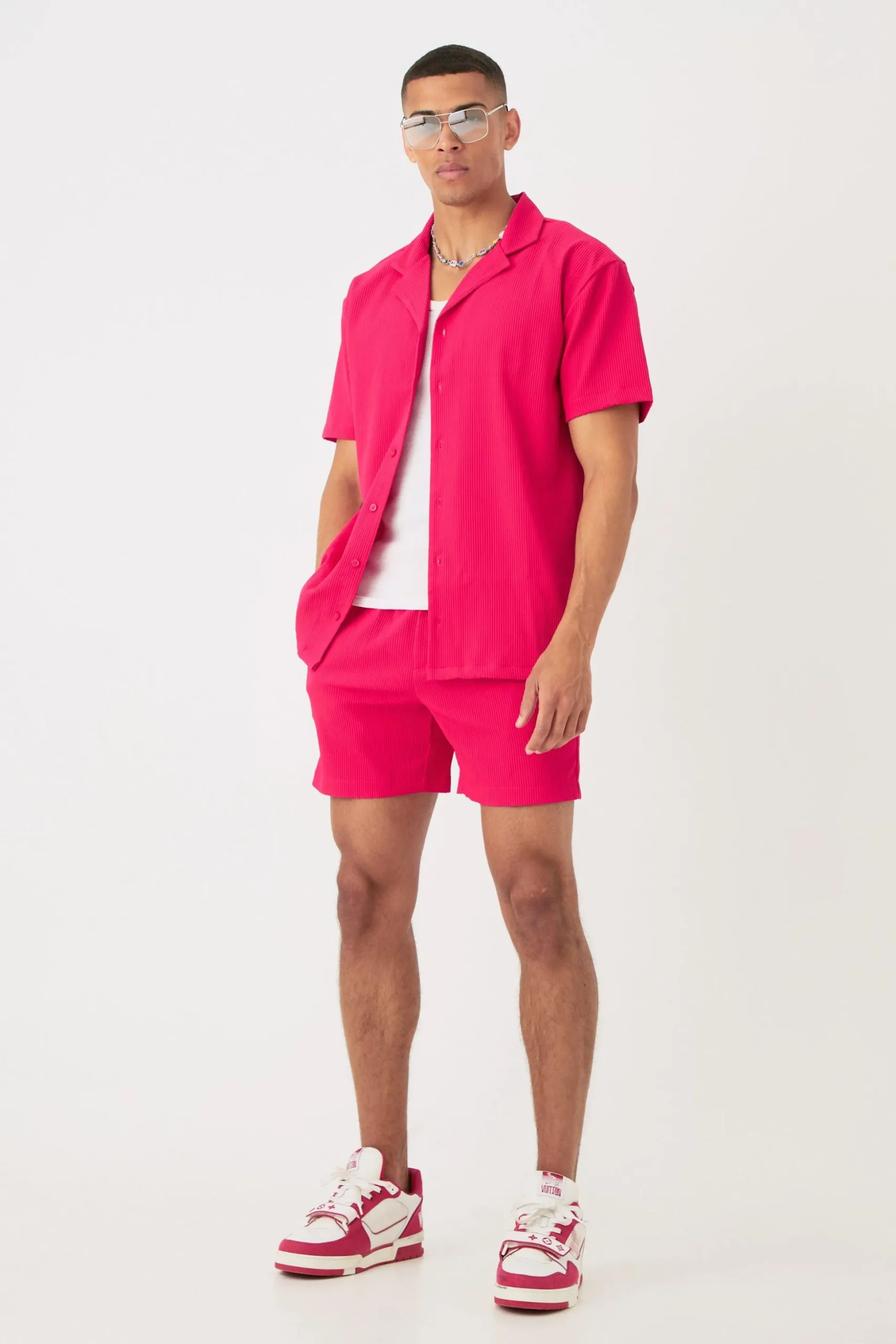 Short Sleeve Oversized Lightweight Pleat Shirt & Short Set | BoohooMAN UK
