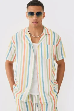 Short Sleeve Oversized Revere Stripe Shirt | BoohooMAN UK