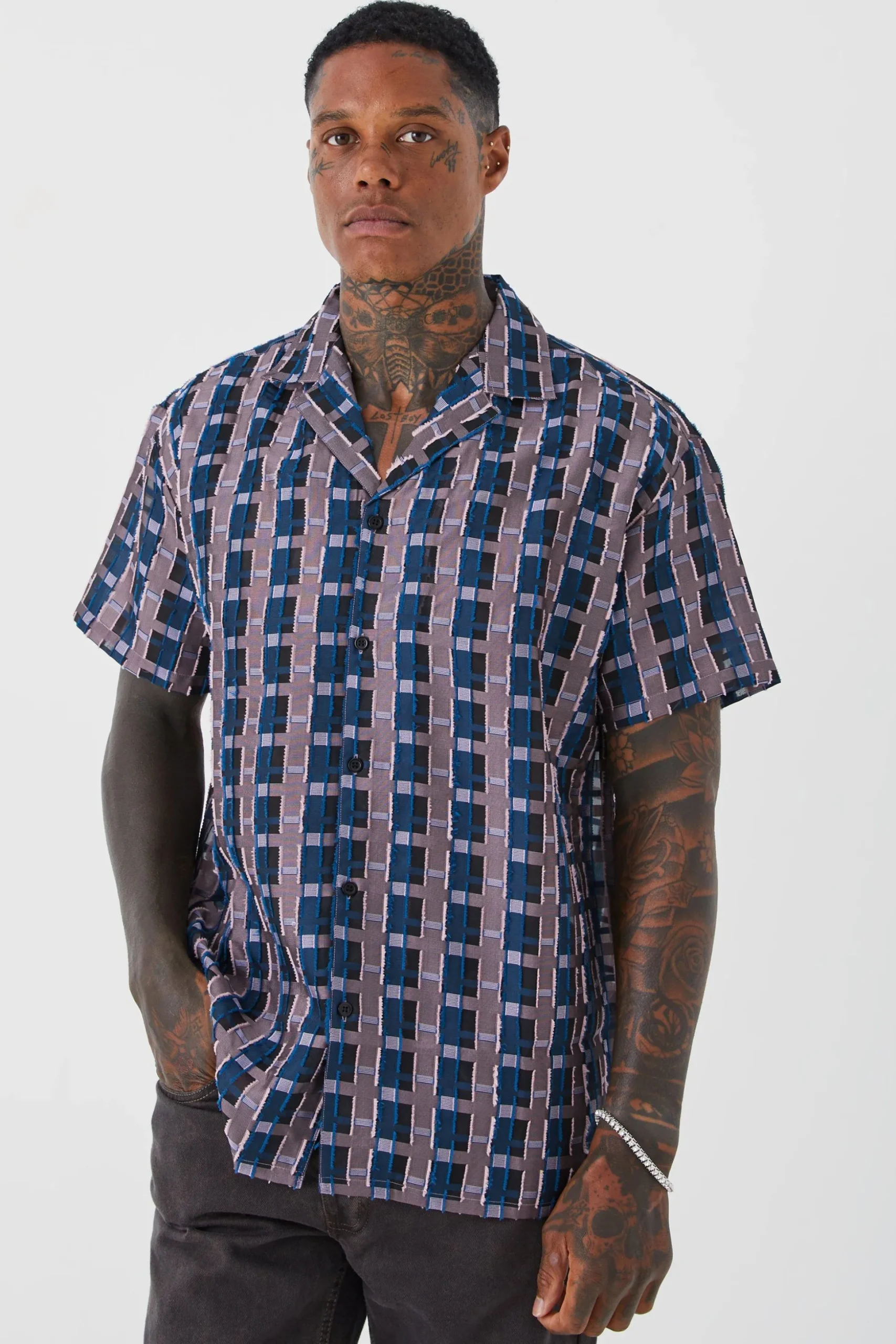Short Sleeve Oversized Sheer Velour Check Shirt | BoohooMAN UK