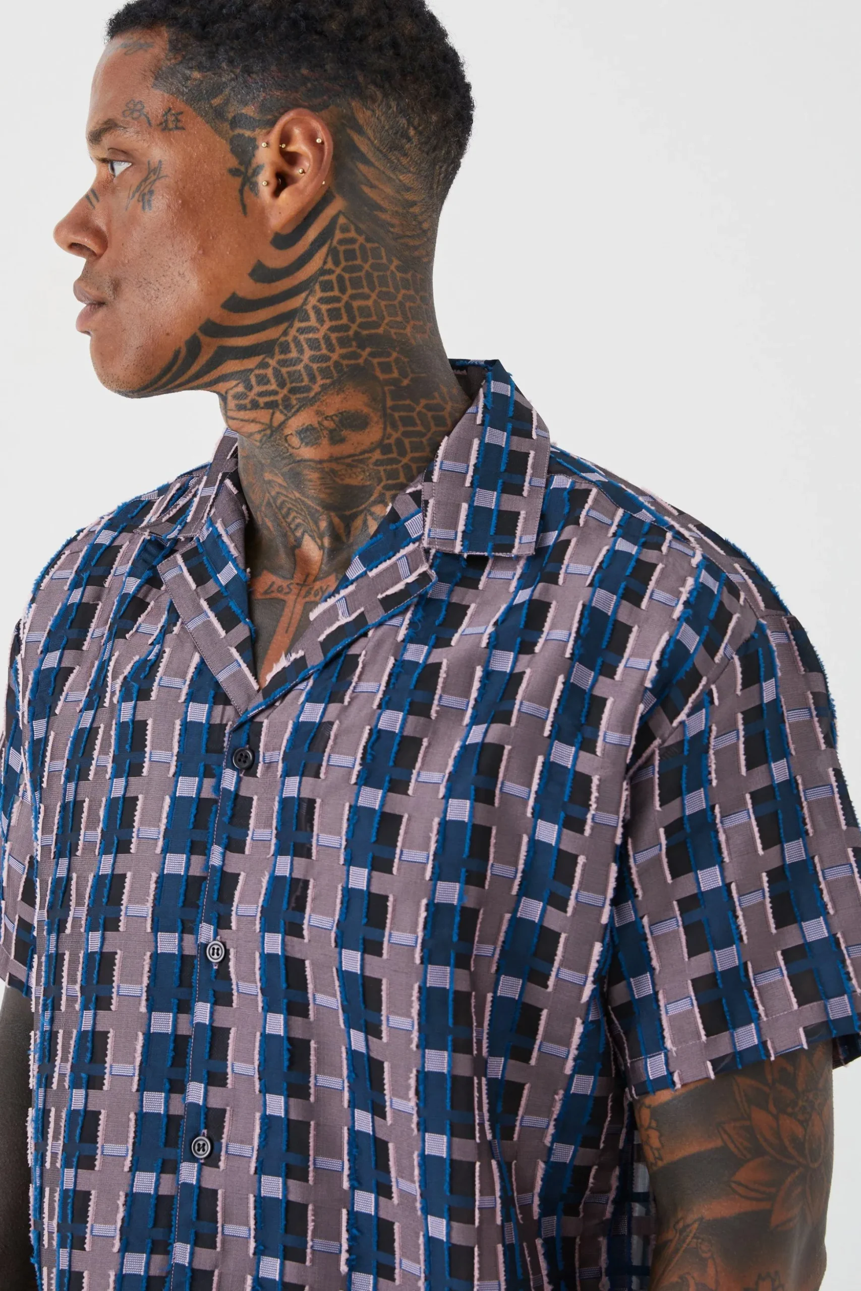 Short Sleeve Oversized Sheer Velour Check Shirt | BoohooMAN UK