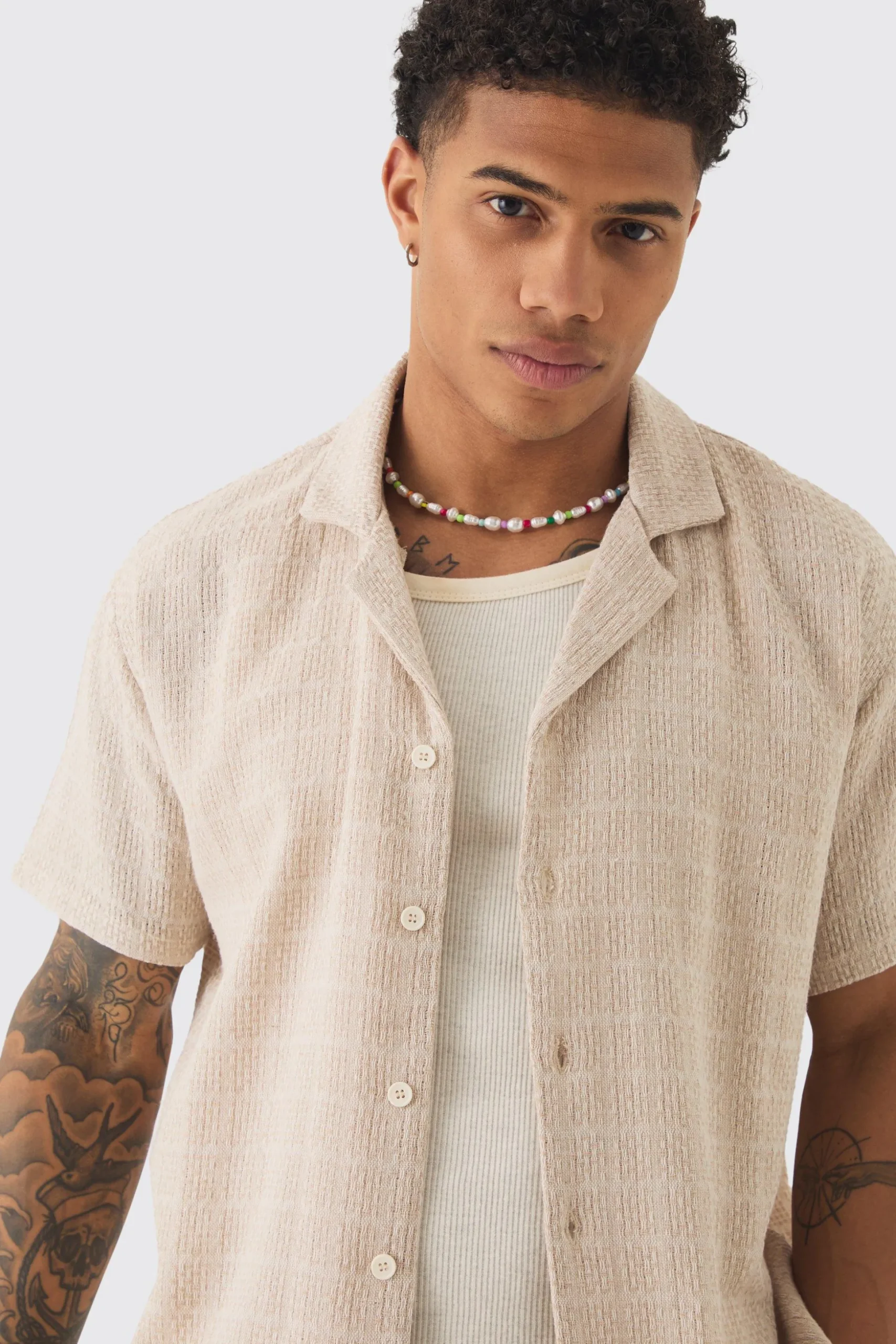 Short Sleeve Oversized Textured Check Shirt | BoohooMAN UK