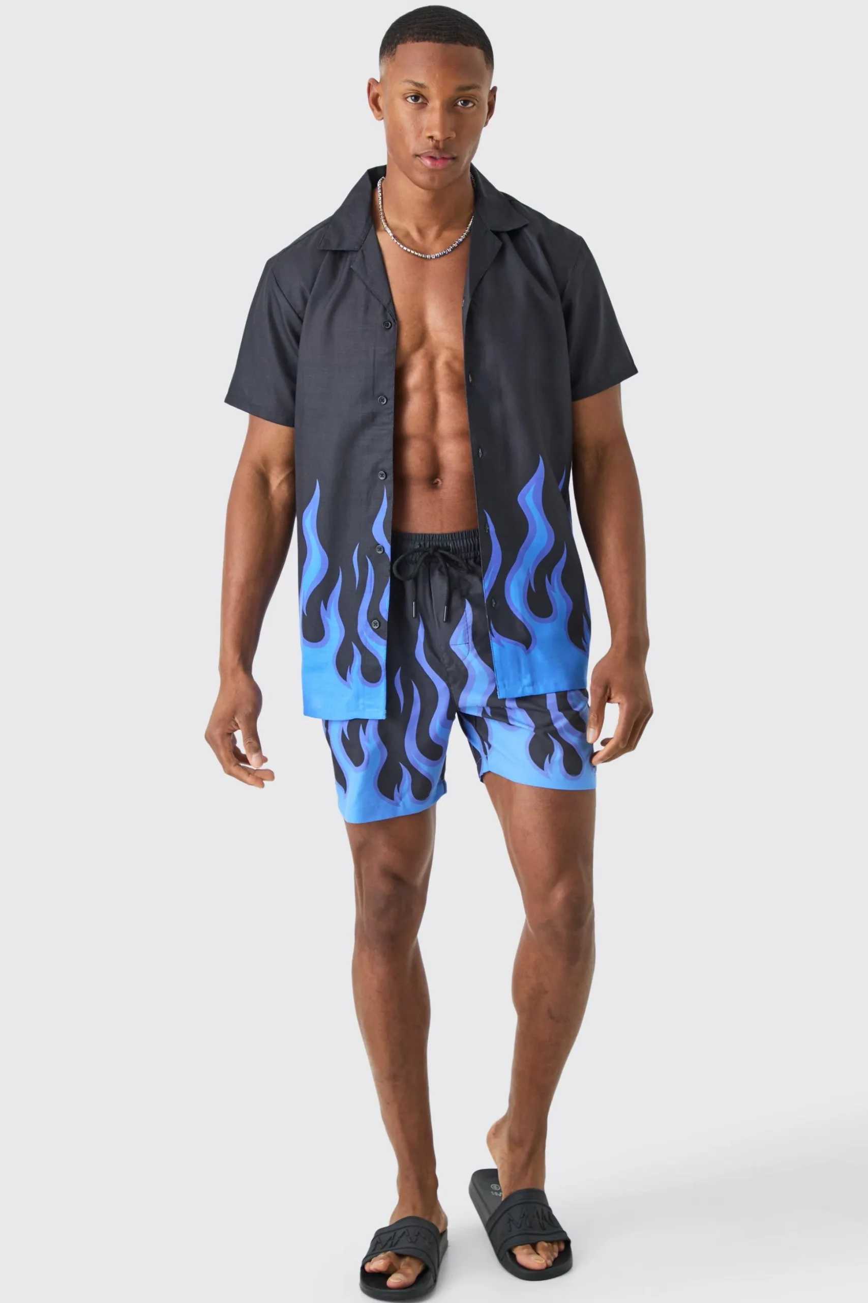 Short Sleeve Printed Flame Shirt & Swim Set | BoohooMAN UK