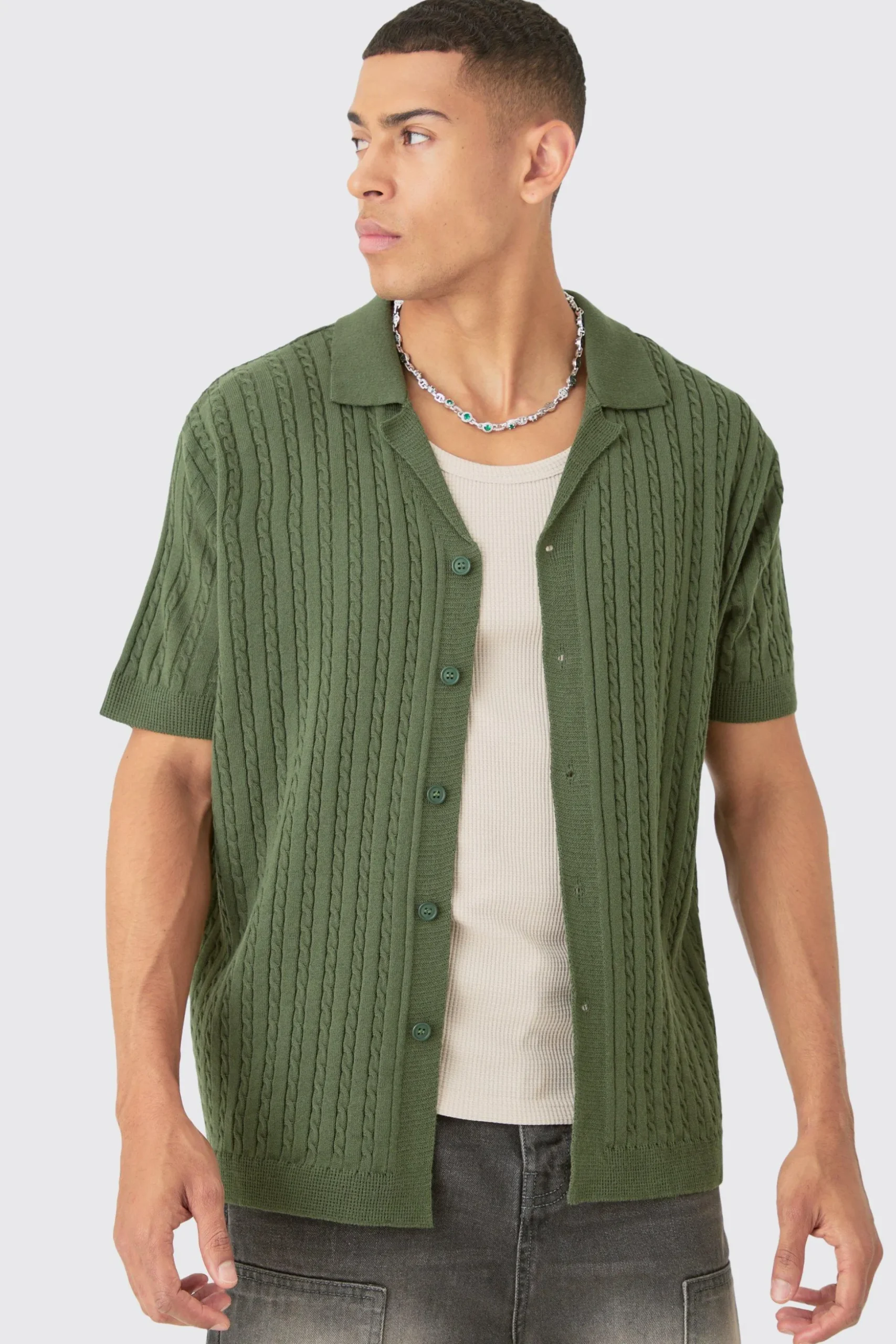 Short Sleeve Revere Cable Knit Shirt | BoohooMAN UK