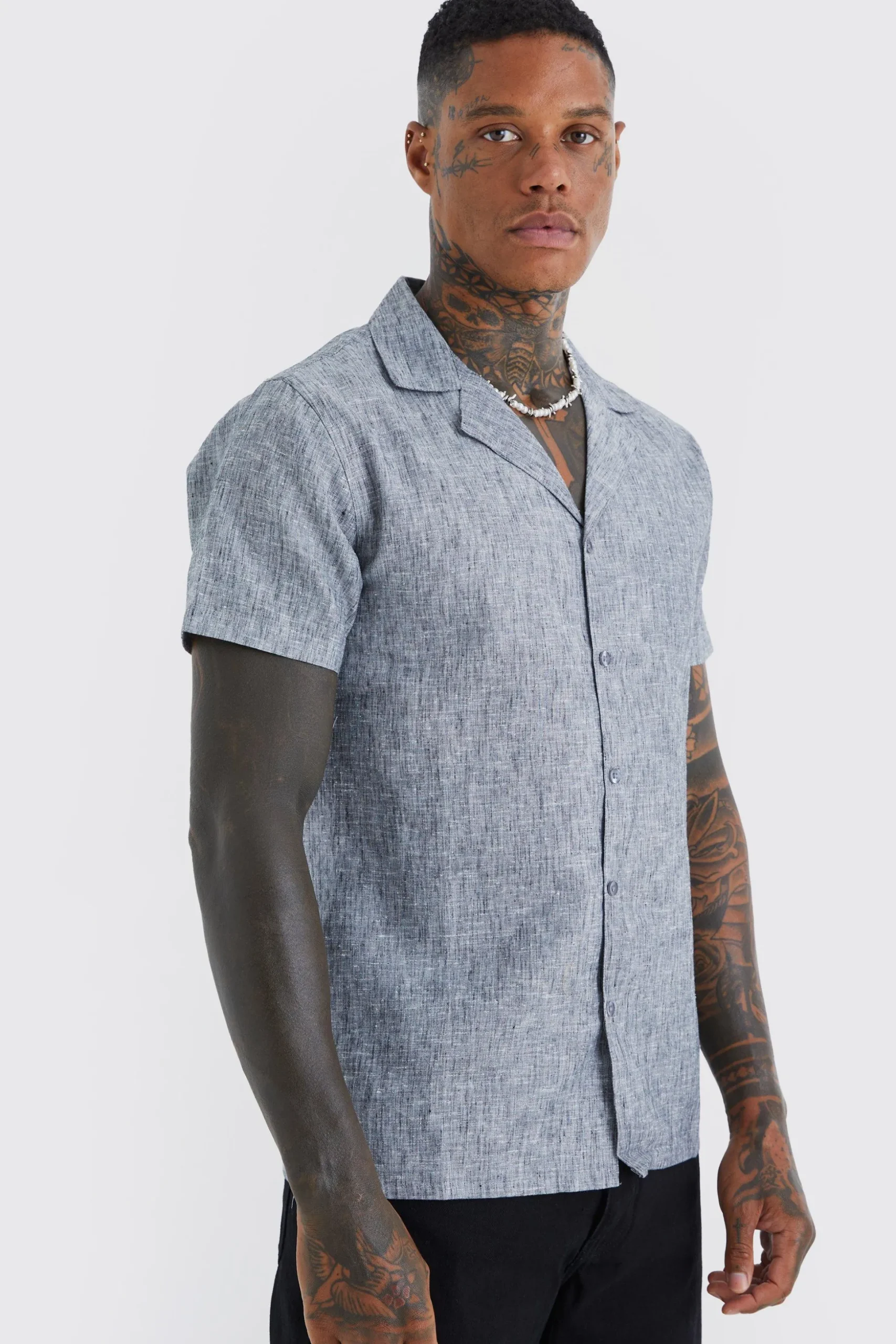 Short Sleeve Revere Linen Look Shirt | BoohooMAN UK