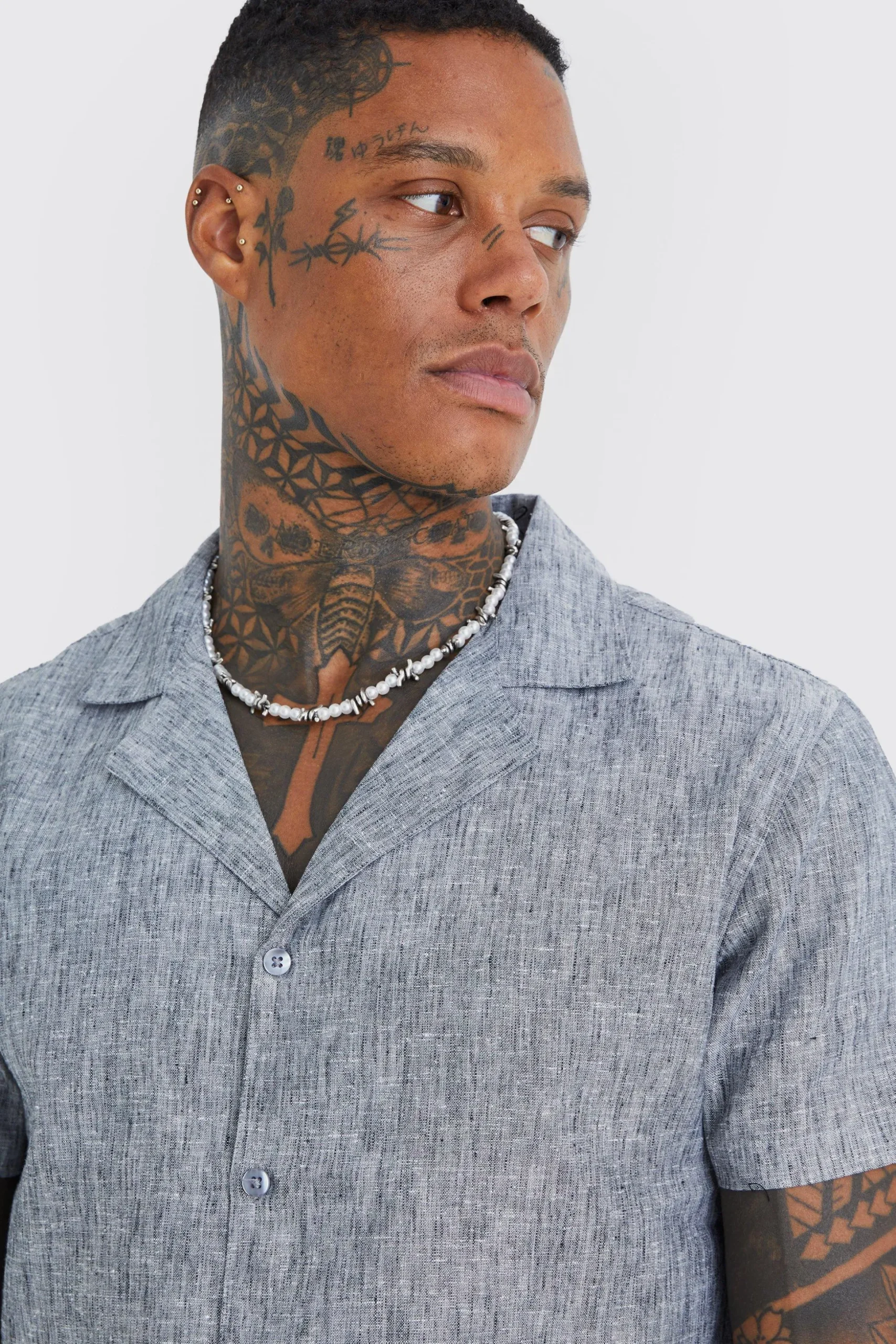 Short Sleeve Revere Linen Look Shirt | BoohooMAN UK