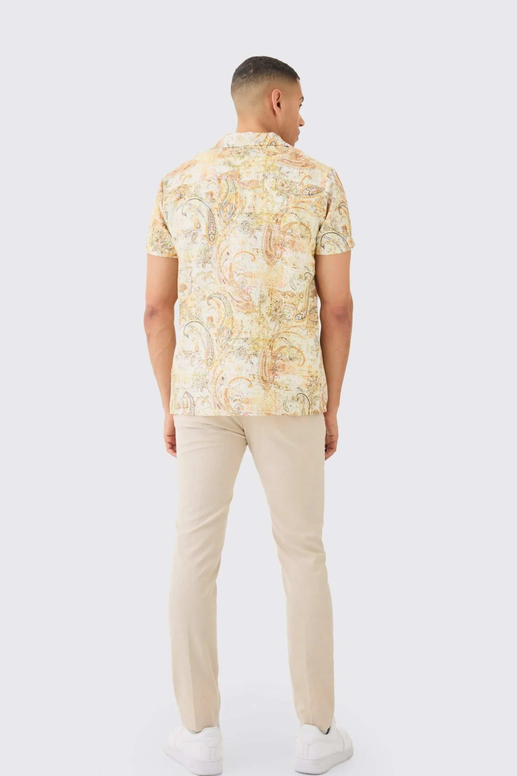 Short Sleeve Revere Linen Look Tapestry Print Shirt | BoohooMAN UK