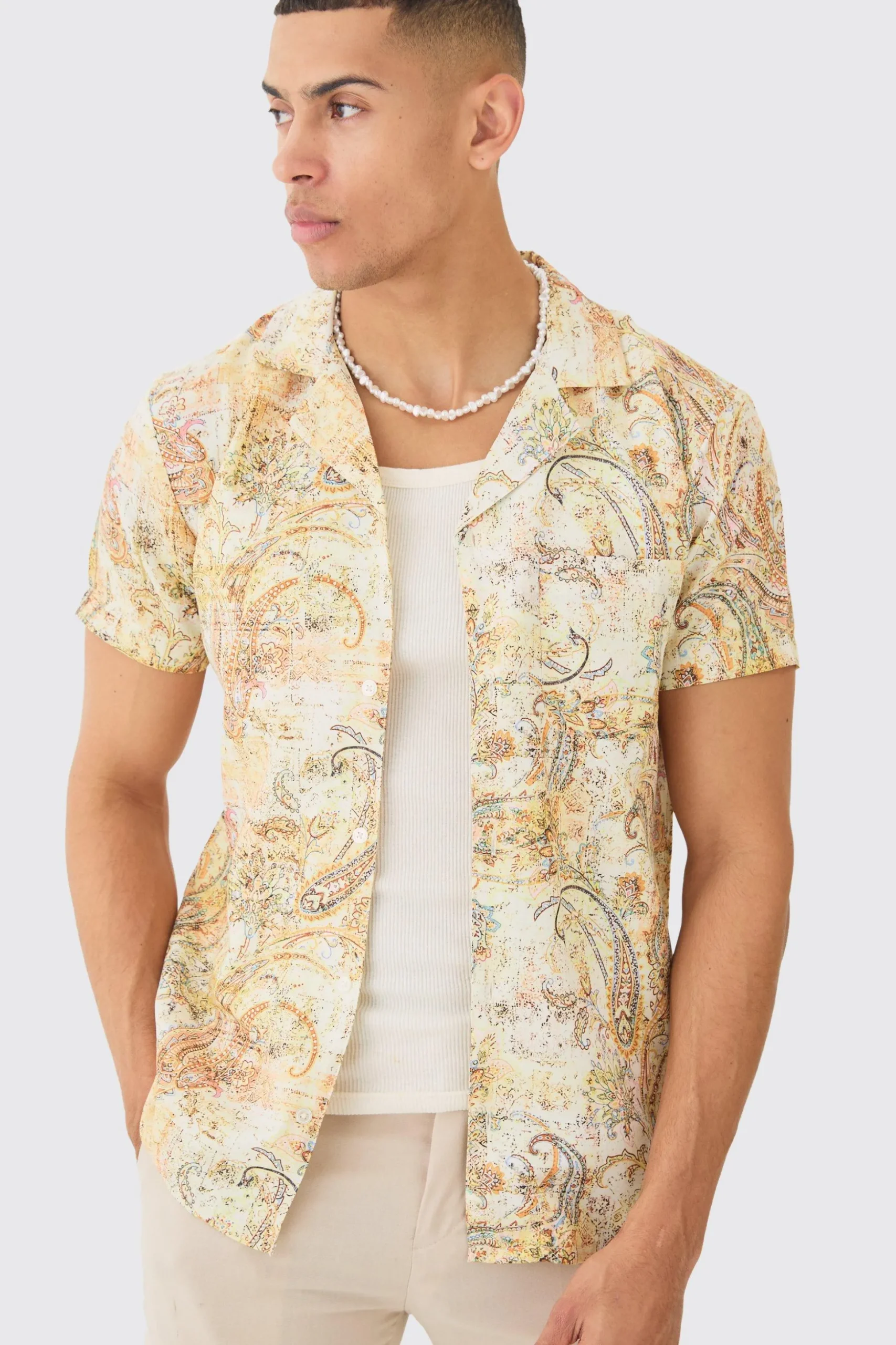 Short Sleeve Revere Linen Look Tapestry Print Shirt | BoohooMAN UK