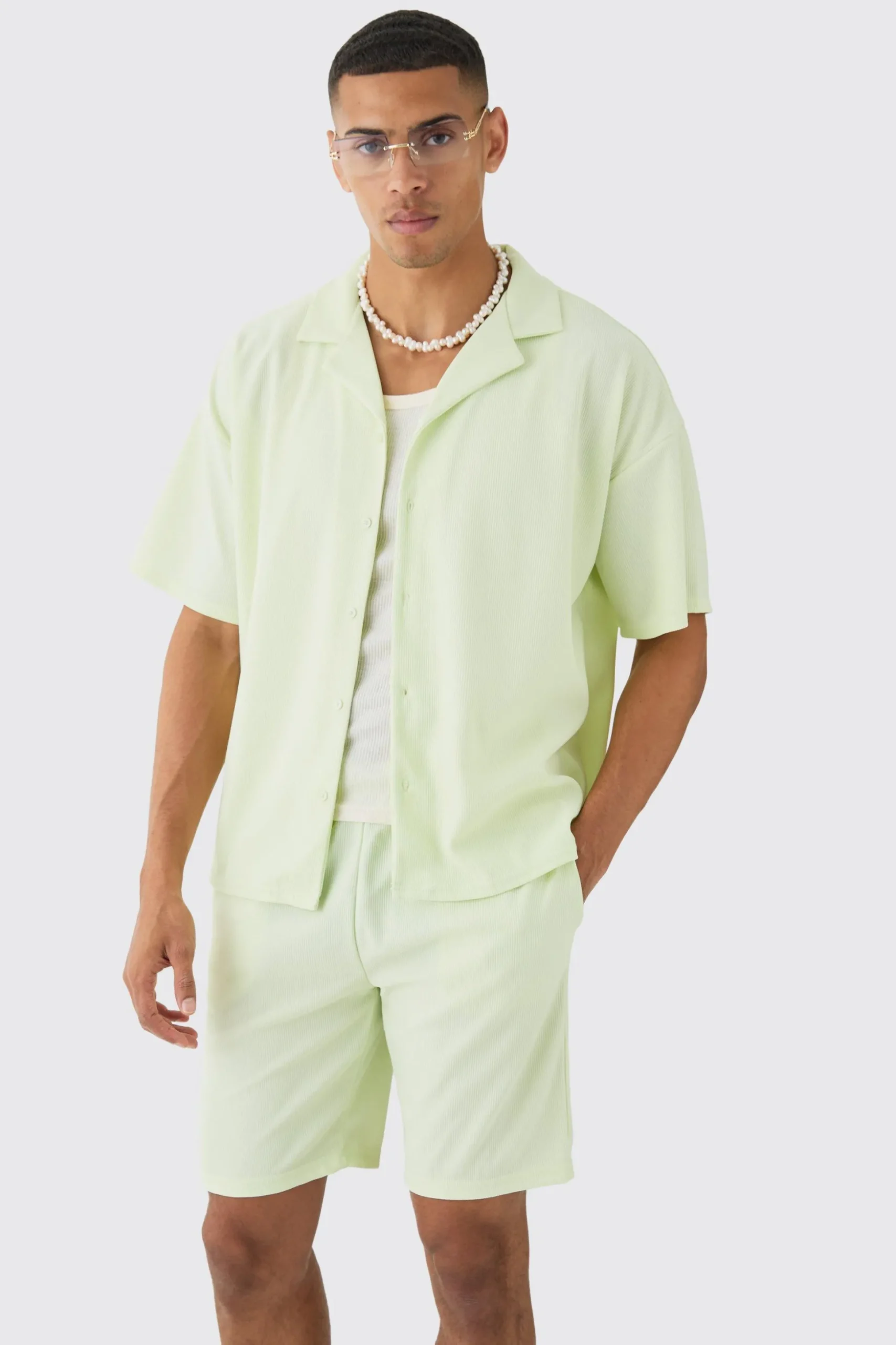 Short Sleeve Ribbed Boxy Shirt & Short Set | BoohooMAN UK