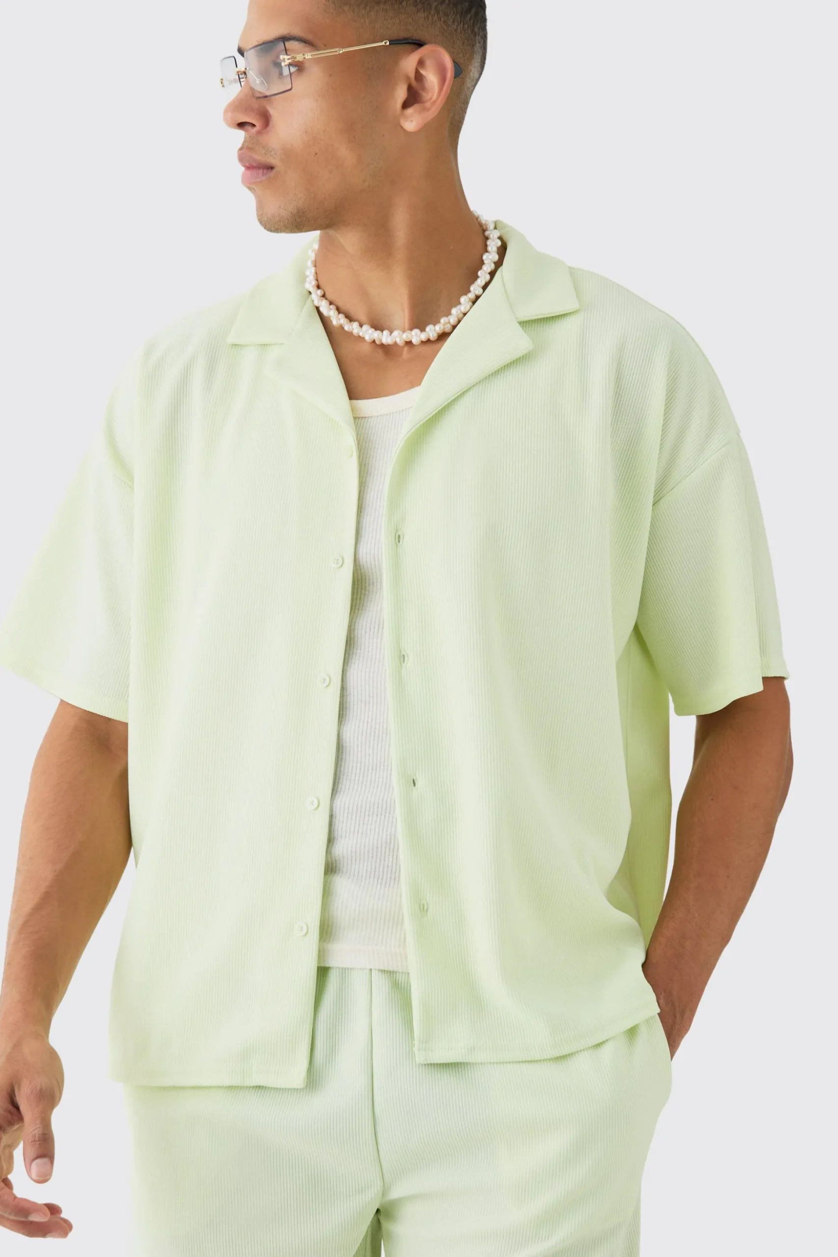 Short Sleeve Ribbed Boxy Shirt & Short Set | BoohooMAN UK