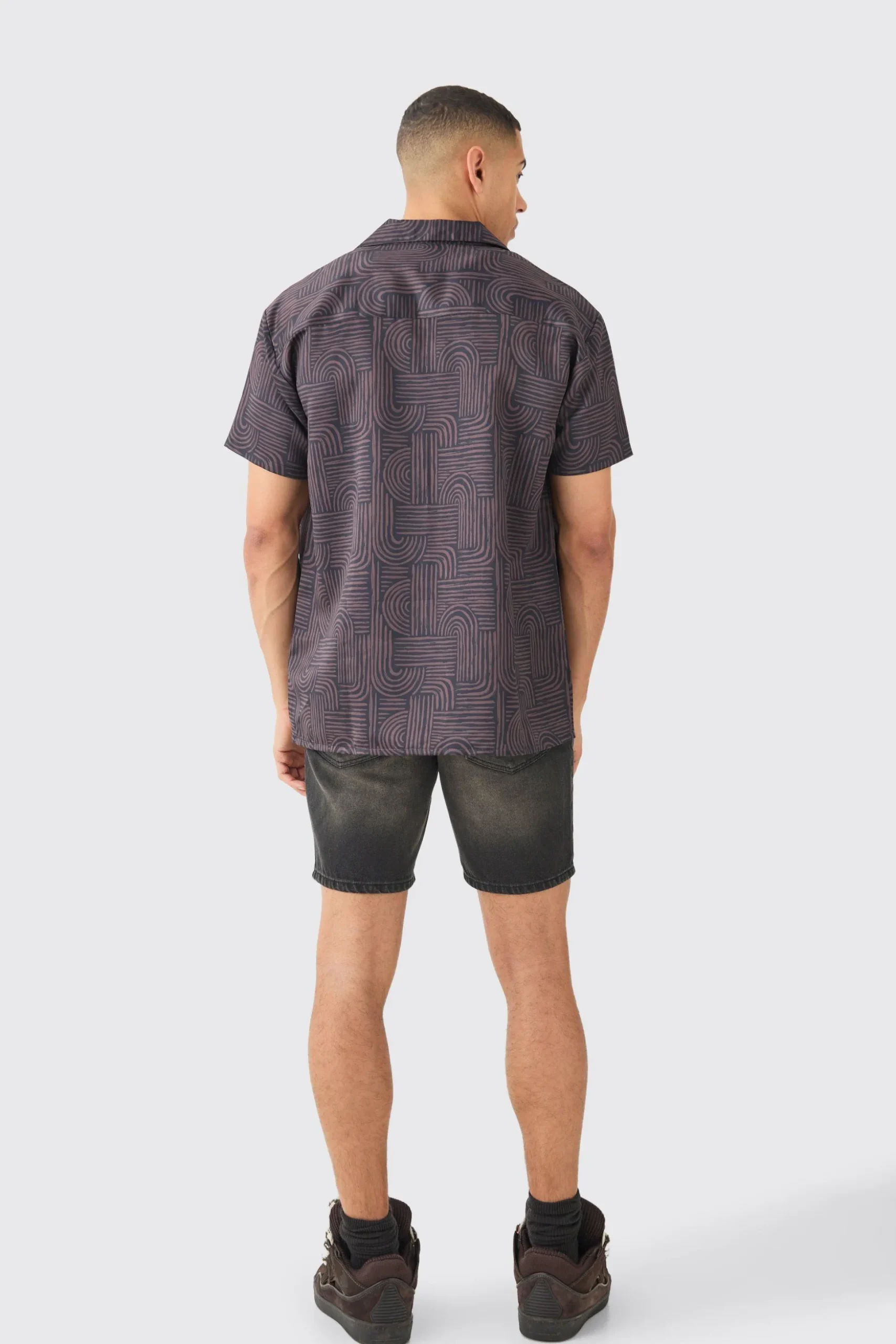 Short Sleeve Satin Oversized Monogram Shirt | BoohooMAN UK
