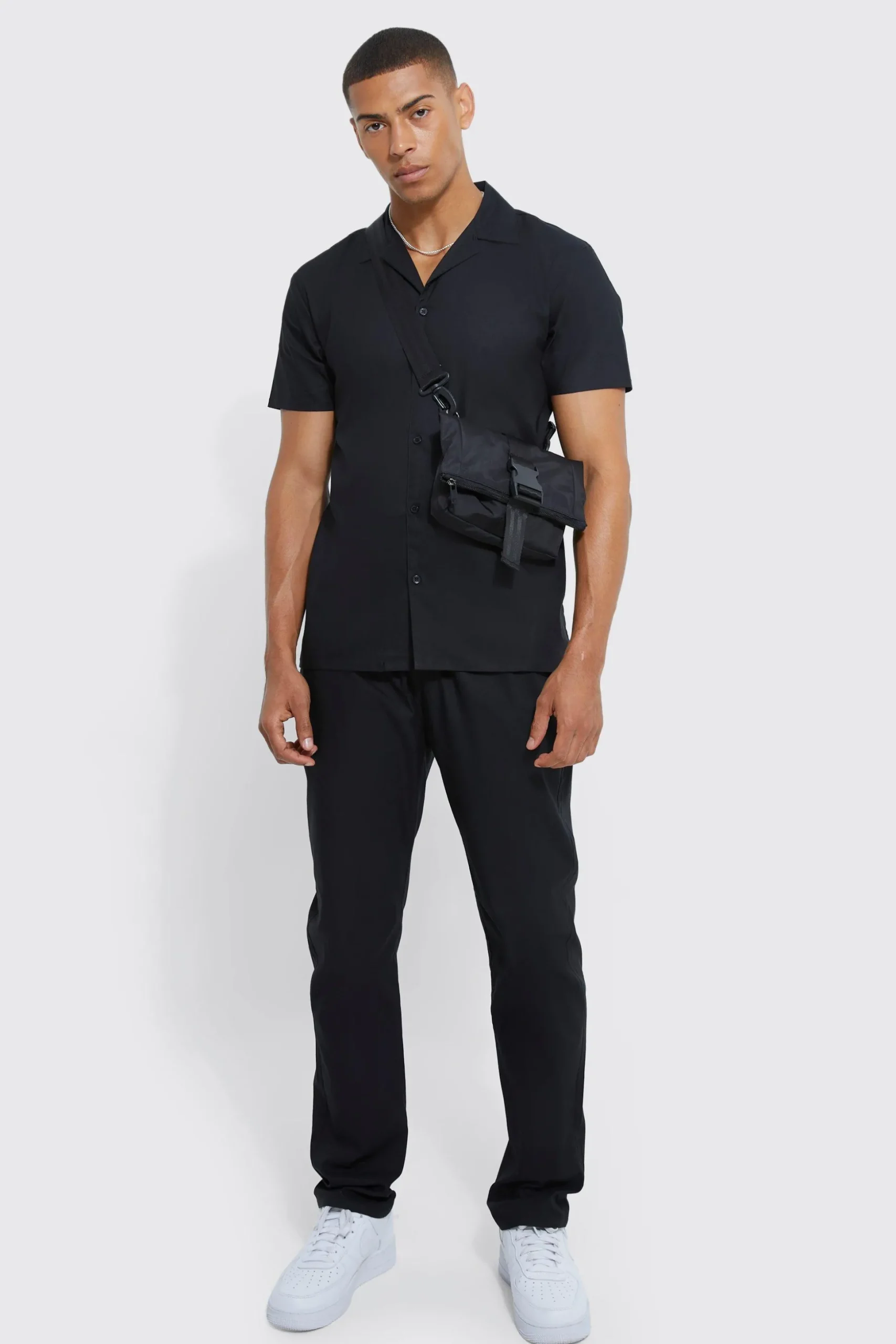 Short Sleeve Stretch Shirt & Slim Trouser | BoohooMAN UK