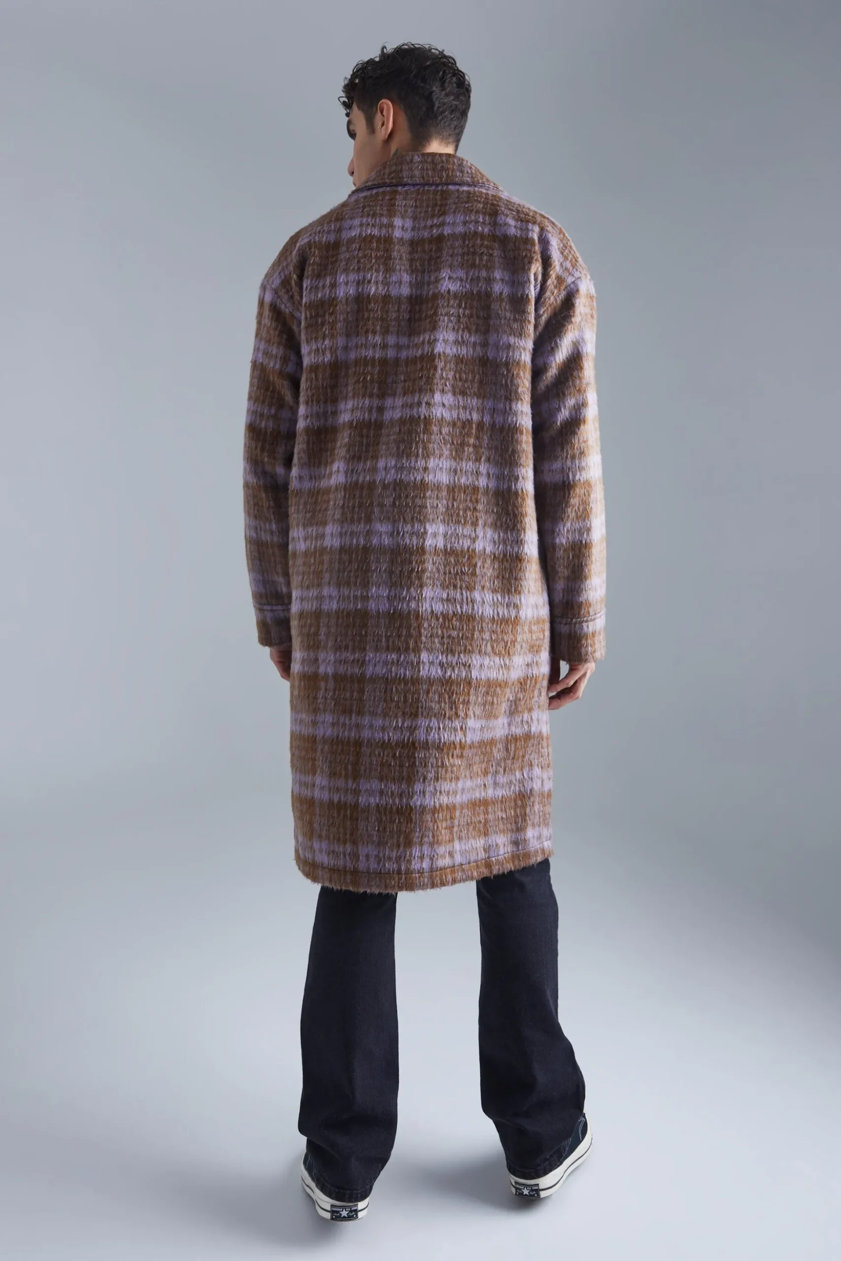 Single Breasted Brushed Check Overcoat | BoohooMAN UK
