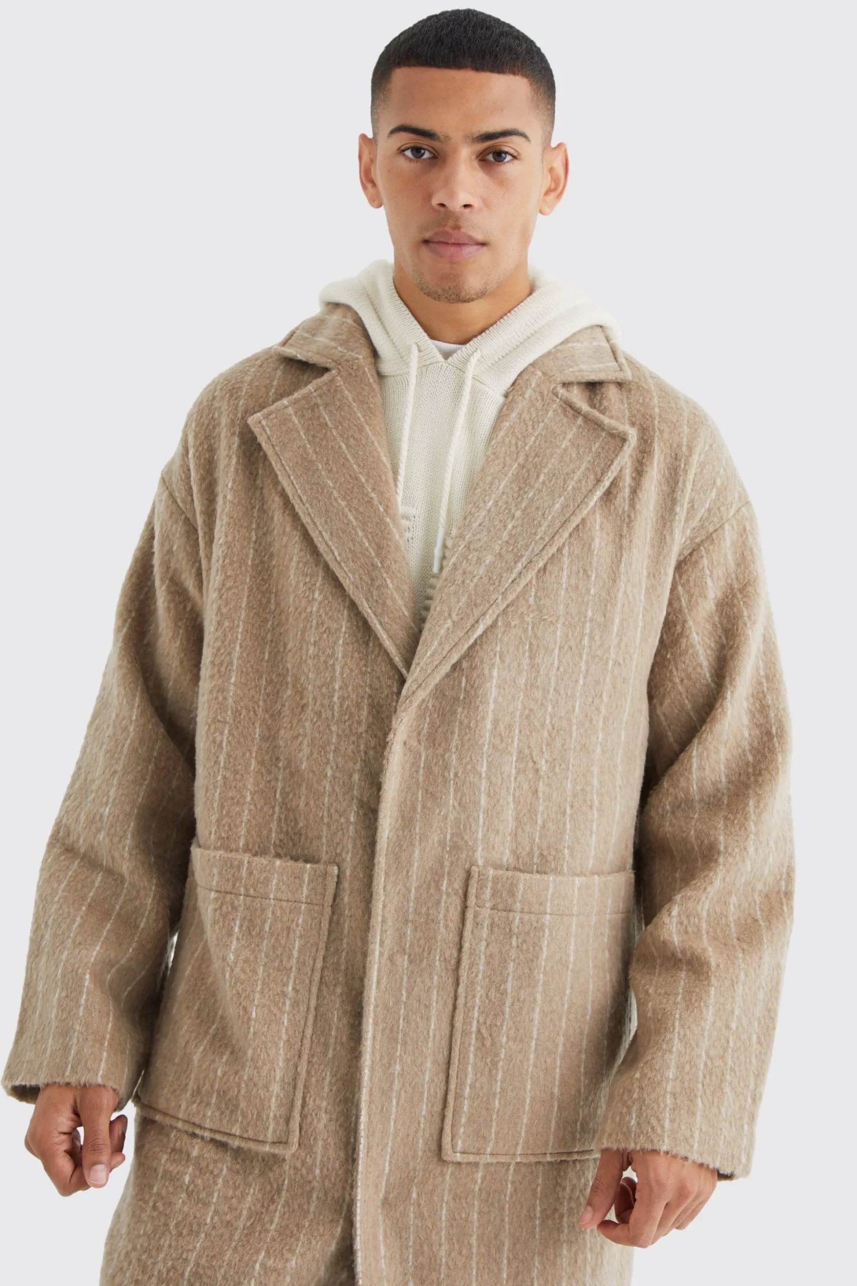 Single Breasted Brushed Stripe Overcoat | BoohooMAN UK