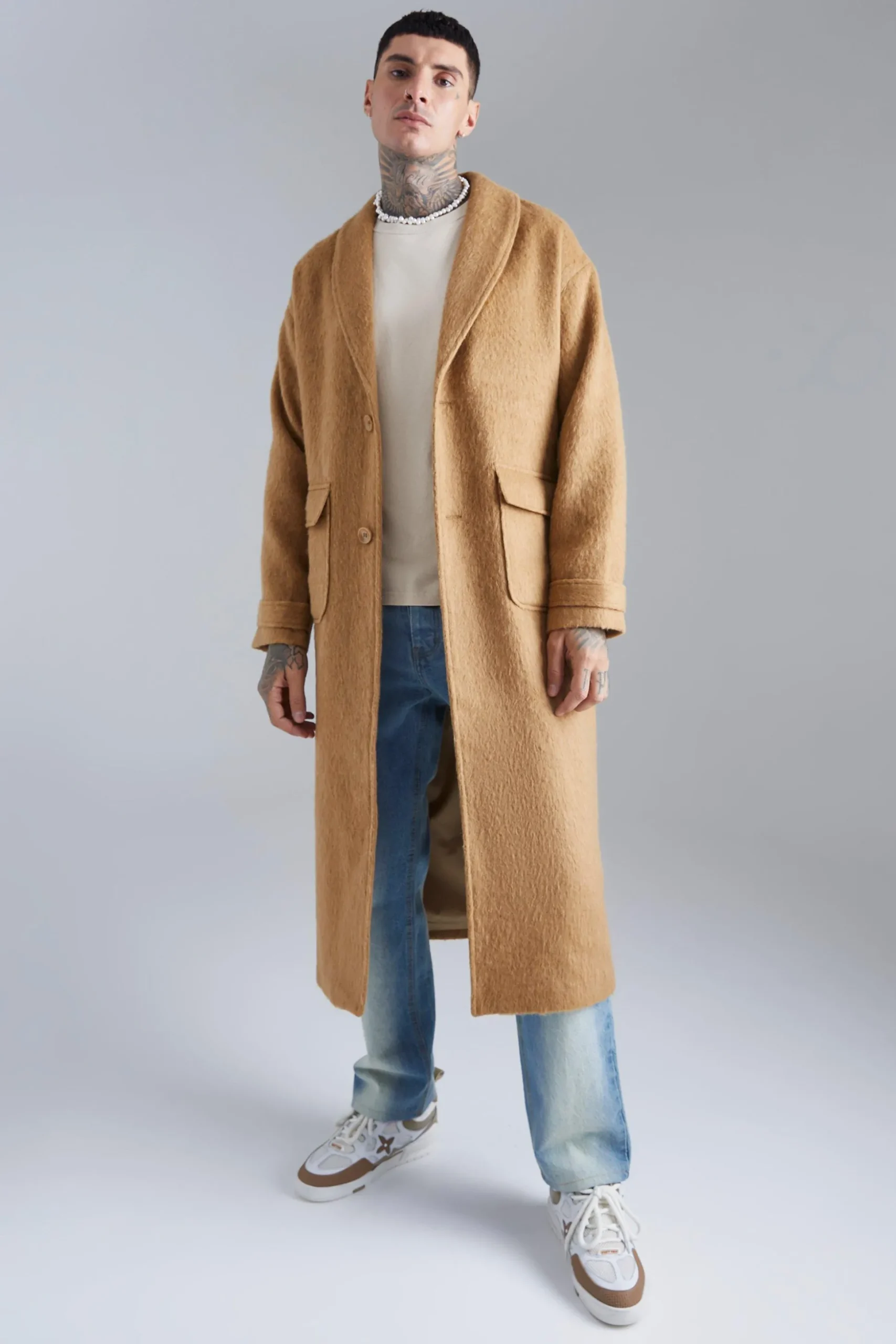 Single Breasted Brushed Wool Look Belted Overcoat | BoohooMAN UK