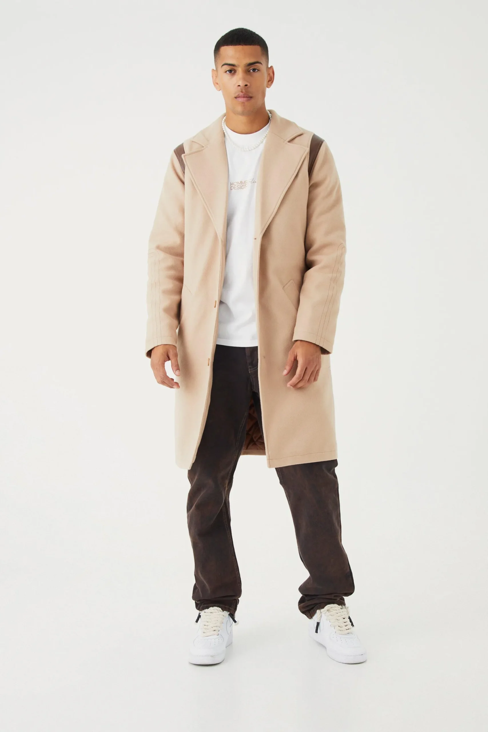 Single Breasted Melton Overcoat With Pu | BoohooMAN UK