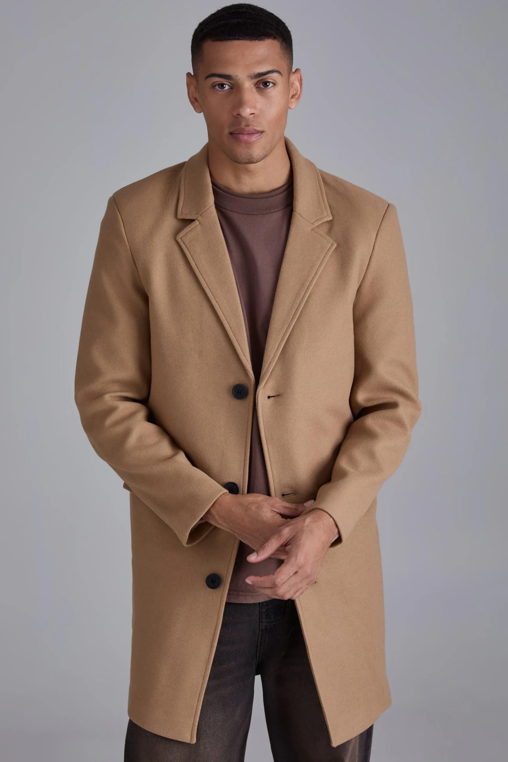 Single Breasted Wool Look Overcoat In Camel | BoohooMAN UK