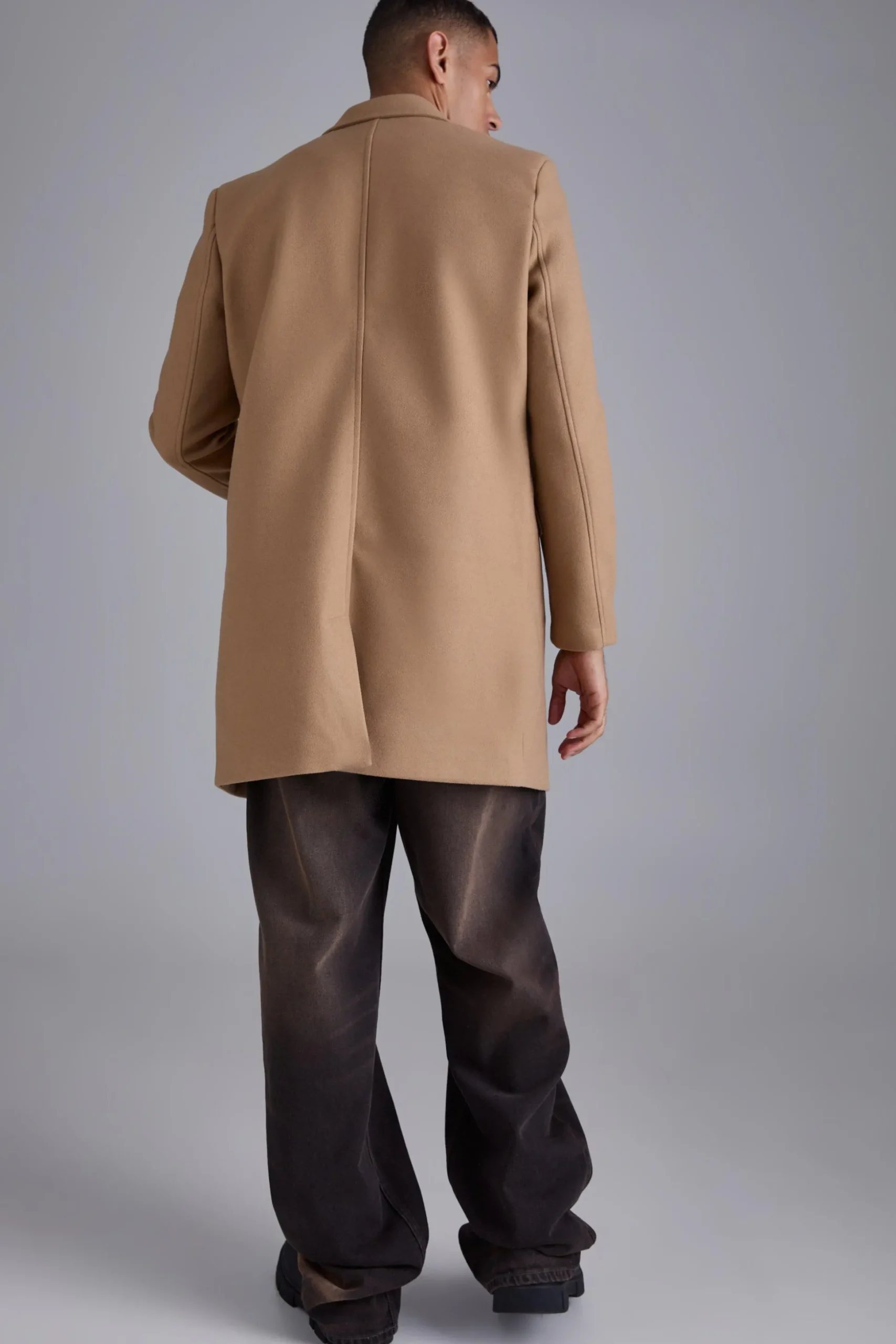 Single Breasted Wool Look Overcoat In Camel | BoohooMAN UK