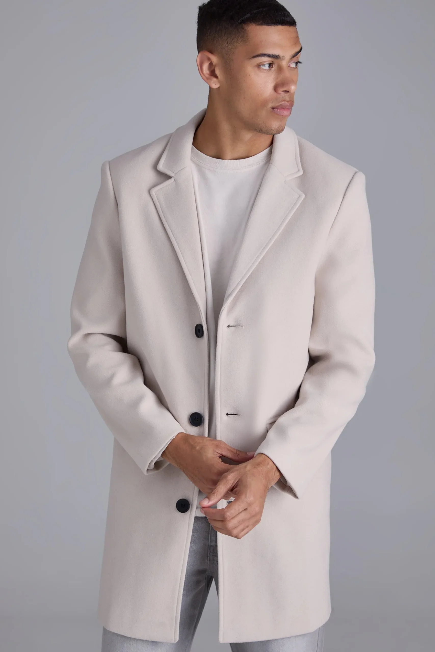 Single Breasted Wool Look Overcoat In Beige | BoohooMAN UK