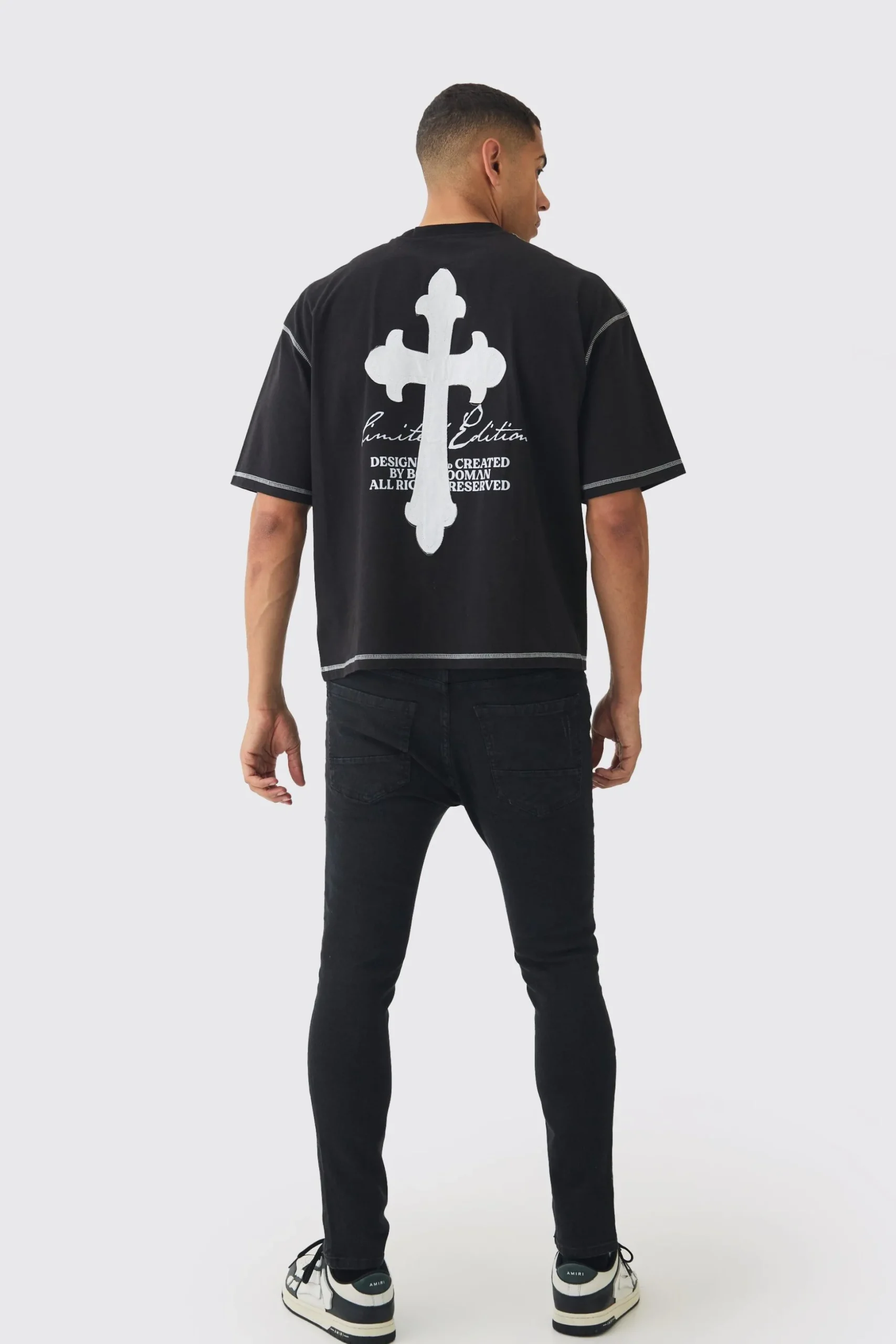 Skinny Fit Biker Ripped Patchwork Jeans | BoohooMAN UK