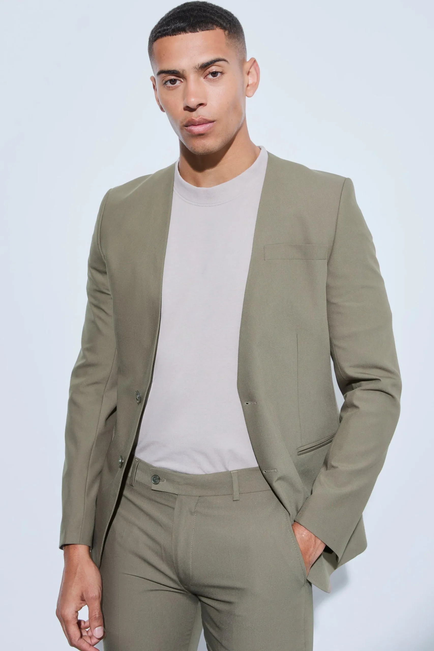 Skinny Fit Collarless Single Breasted Blazer | BoohooMAN UK