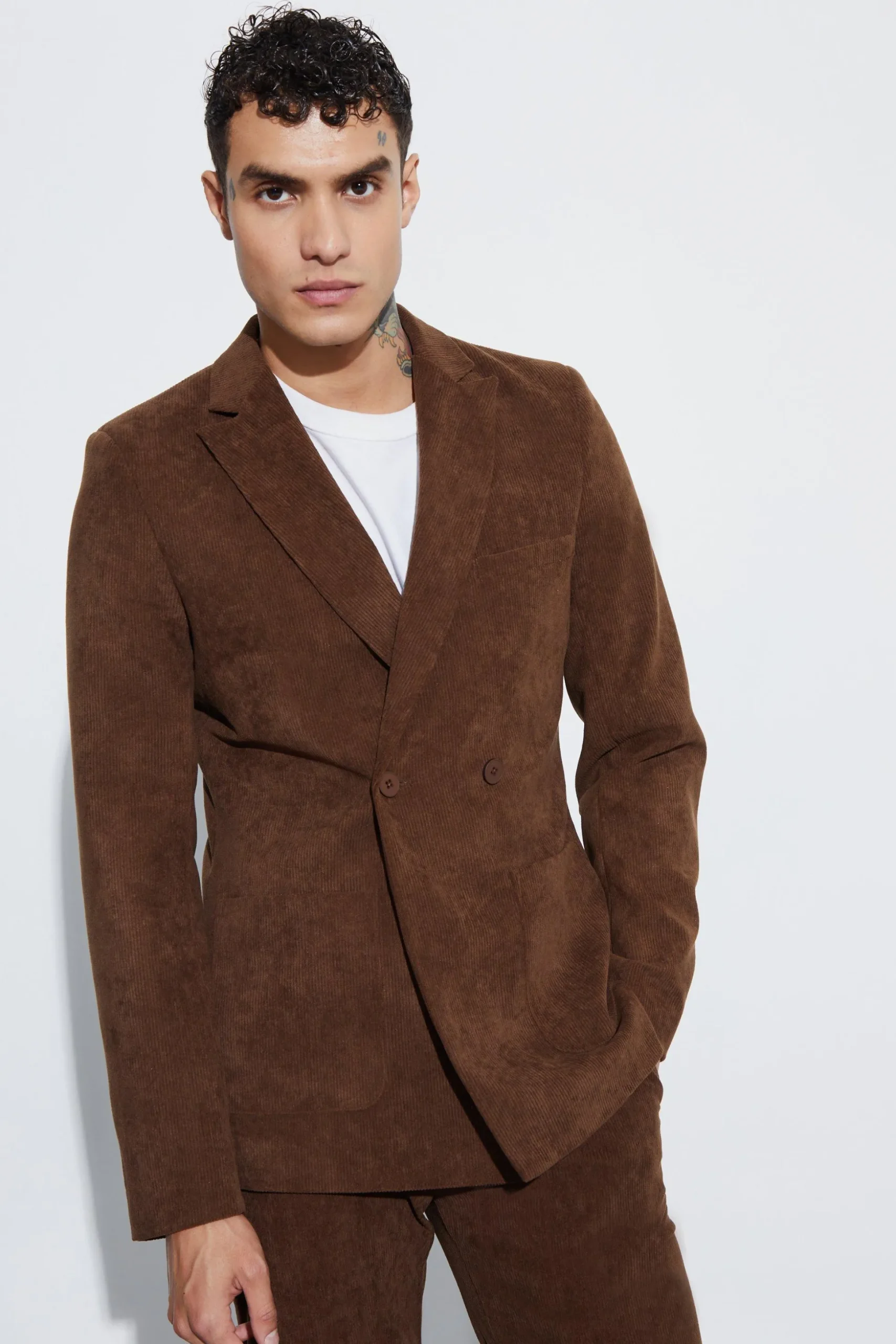 Skinny Fit Double Breasted Corduroy Blazer | BoohooMAN UK