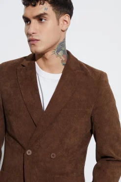 Skinny Fit Double Breasted Corduroy Blazer | BoohooMAN UK