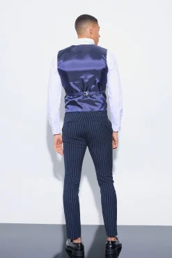 Skinny Fit Pinstripe Double Breasted Suit | BoohooMAN UK