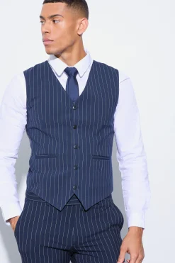 Skinny Fit Pinstripe Waistcoat | BoohooMAN UK