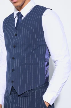 Skinny Fit Pinstripe Waistcoat | BoohooMAN UK