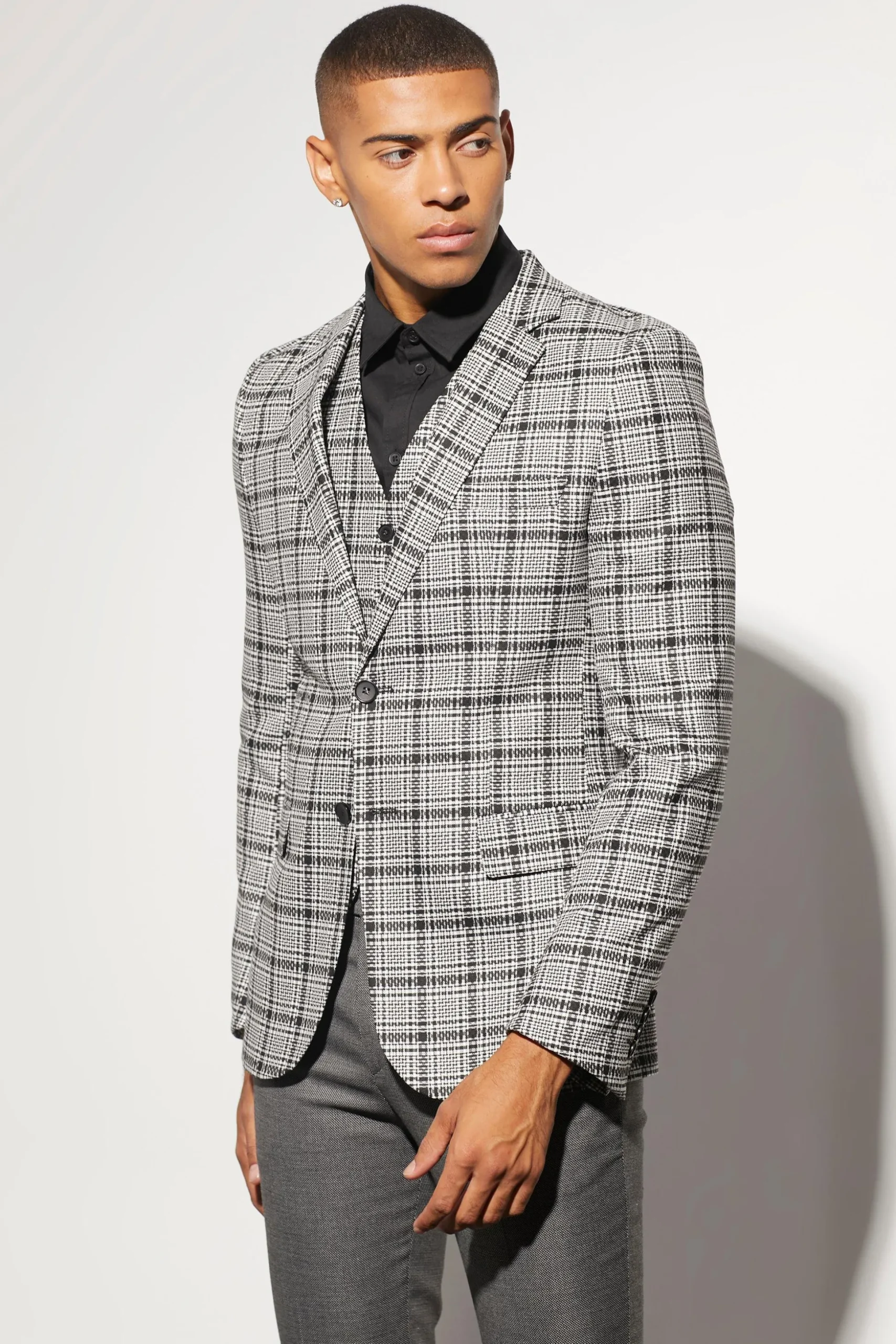 Skinny Single Breasted Check Suit Jacket | BoohooMAN UK