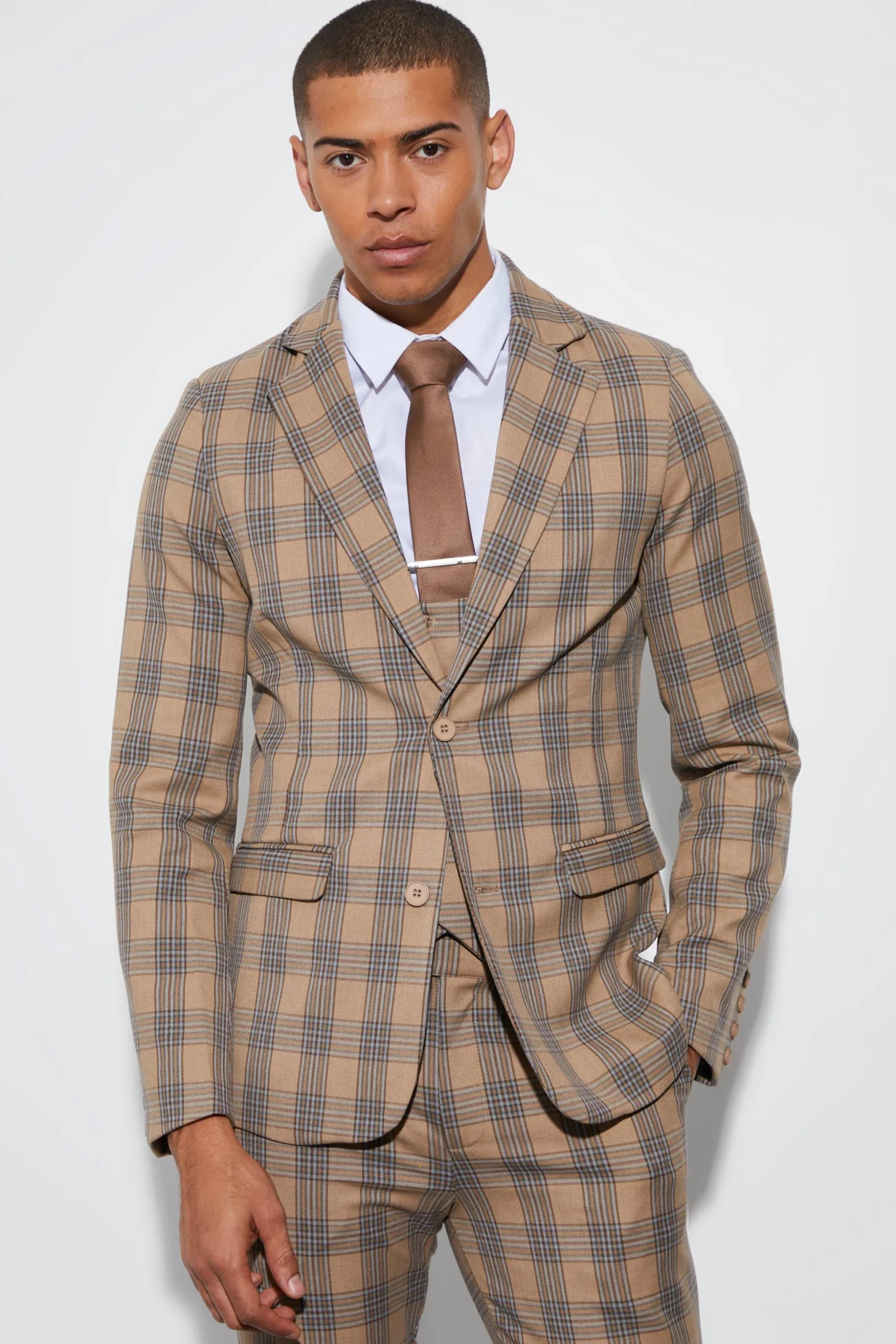 Skinny Single Breasted Check Suit Jacket | BoohooMAN UK