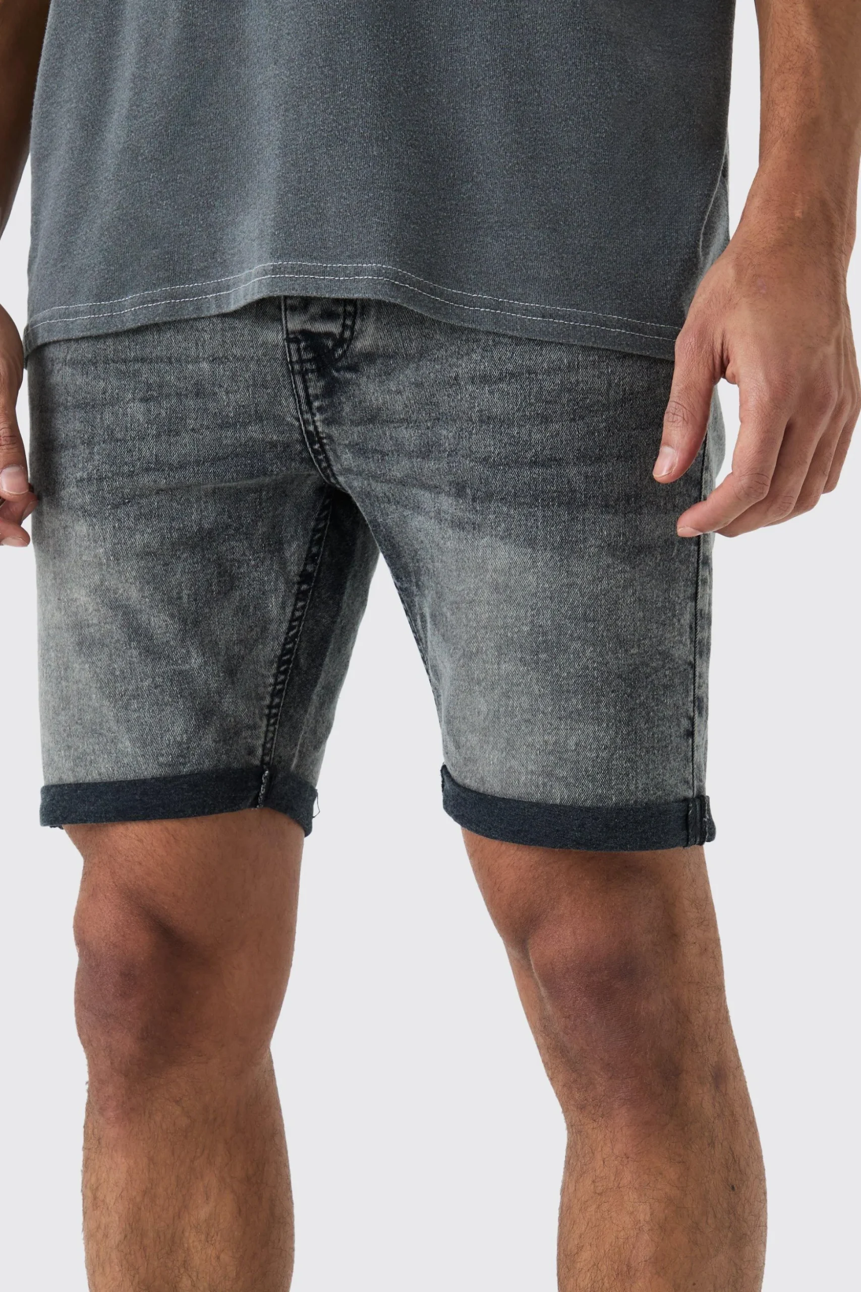 Skinny Stretch Denim Shorts In Charcoal | BoohooMAN UK