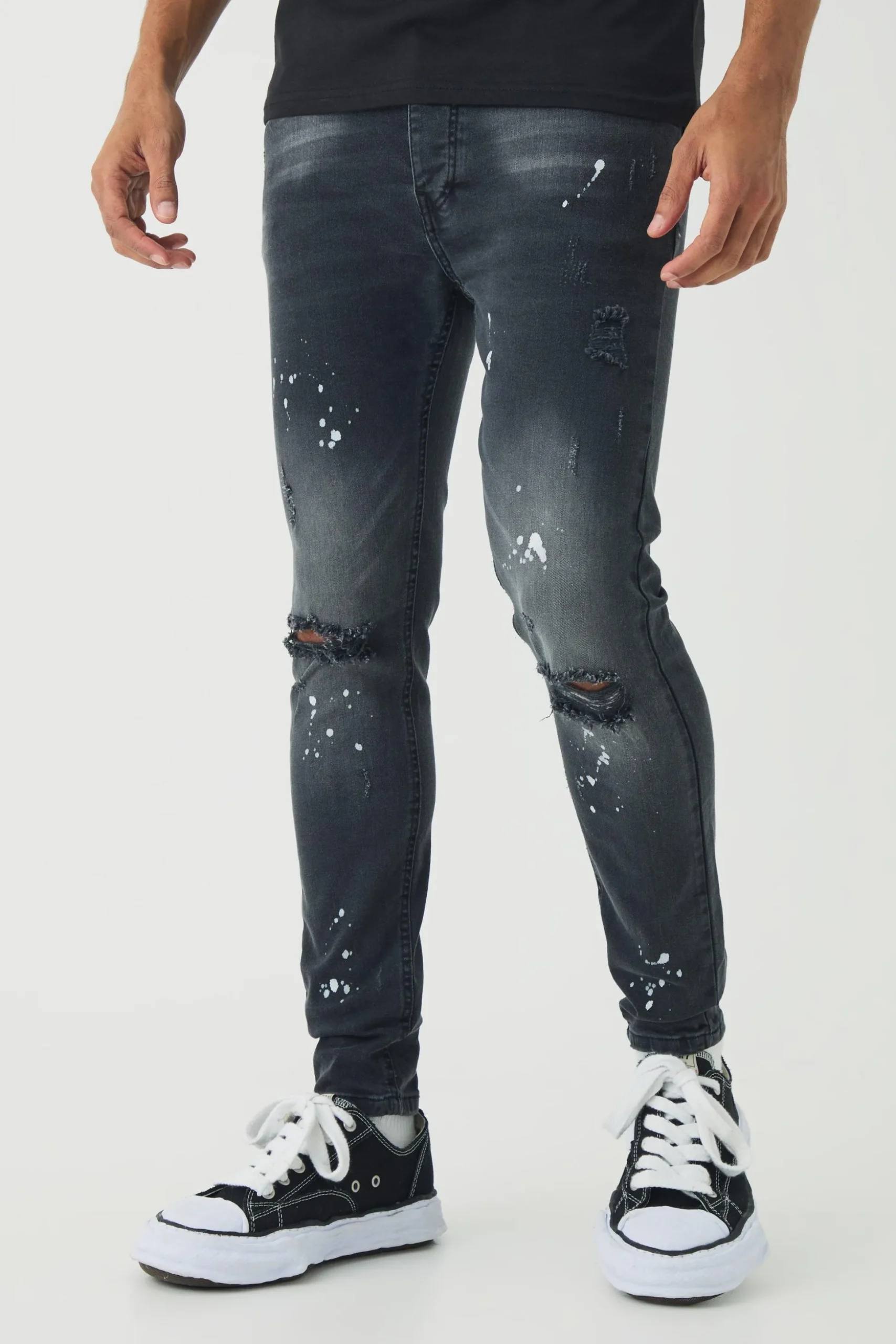 Skinny Stretch Ripped Paint Splatter Jeans | BoohooMAN UK