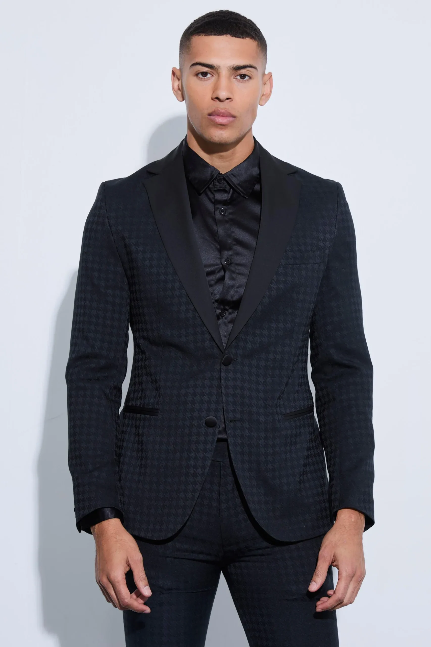 Skinny Tonal Houndstooth Suit | BoohooMAN UK
