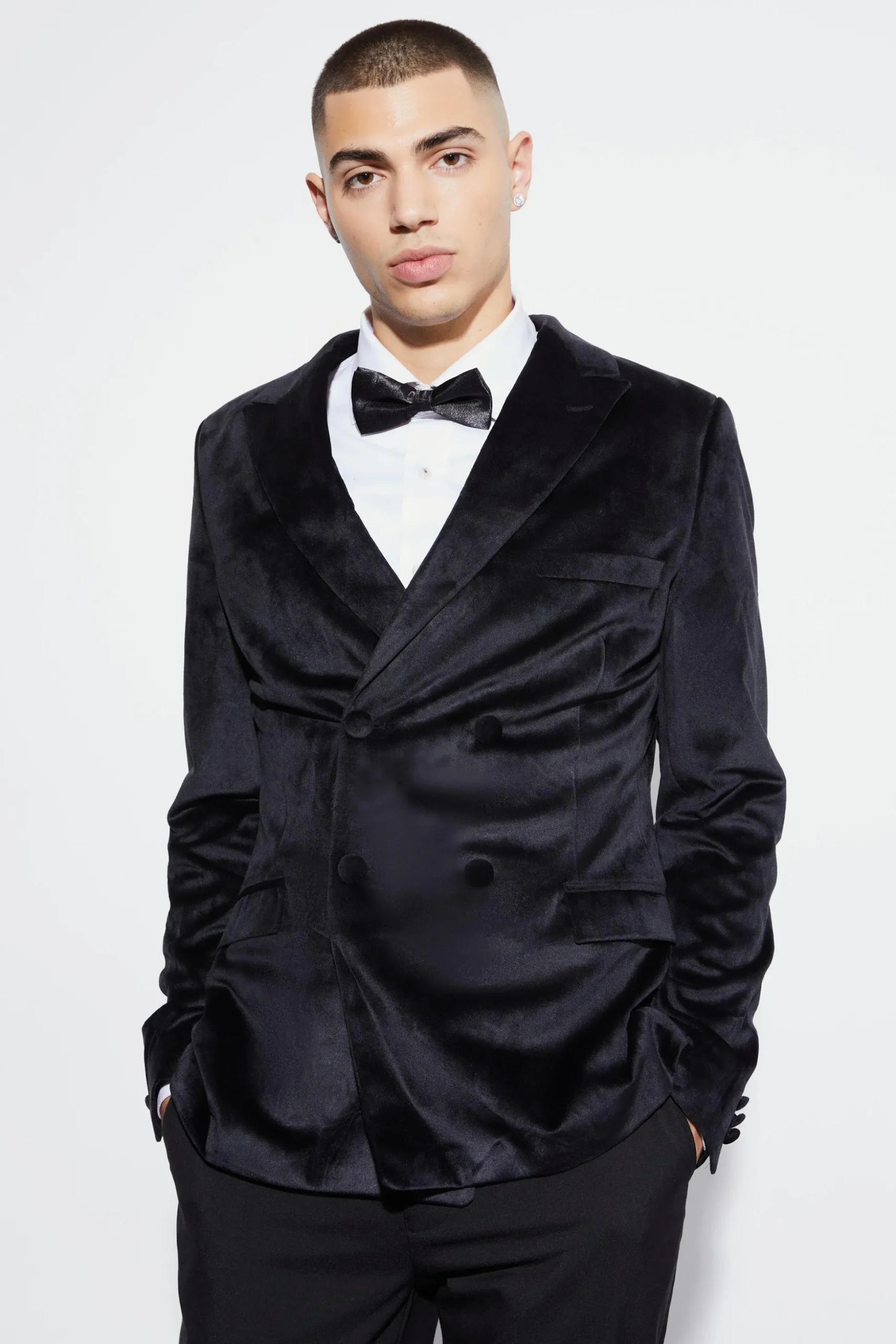 Skinny Velour Double Breasted Suit Jacket | BoohooMAN UK