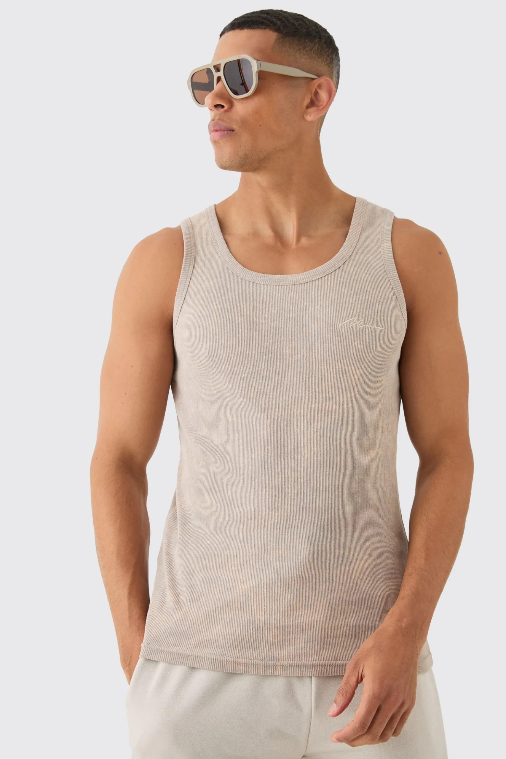Slim Acid Washed Man Signature Ribbed Vest | BoohooMAN UK