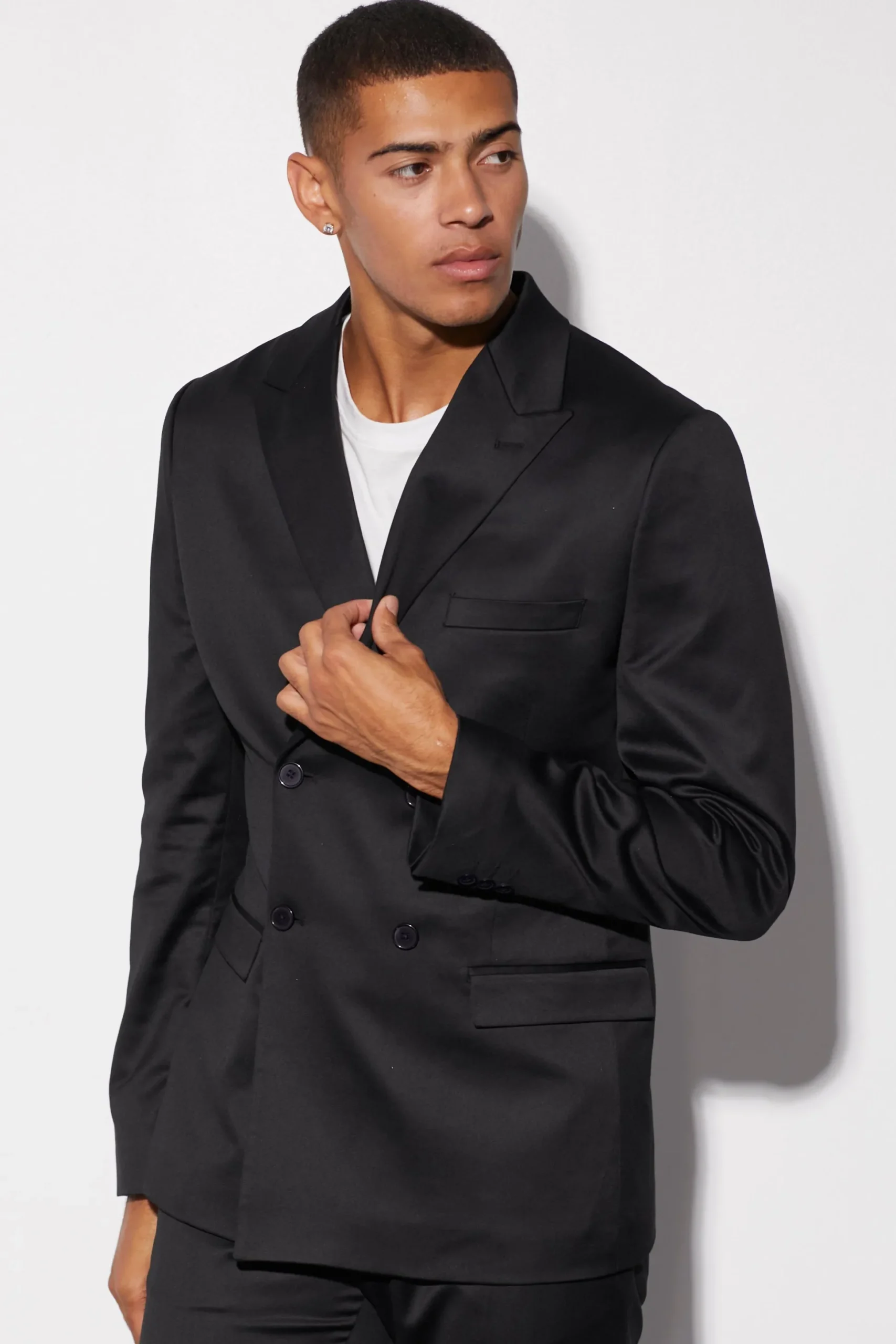 Slim Double Breasted Satin Suit Jacket | BoohooMAN UK