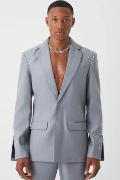 Slim Fit Blazer With Rhinestone Embellishment | BoohooMAN UK