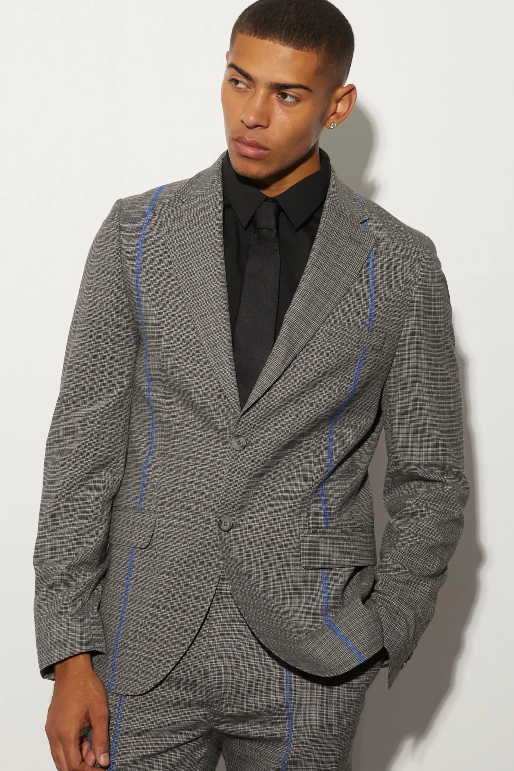 Slim Fit Check Contrast Stitch Suit | BoohooMAN UK
