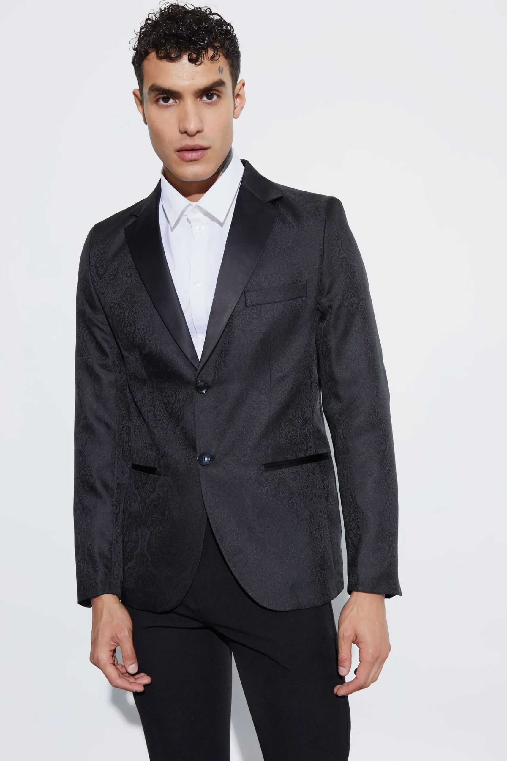 Slim Fit Contrast Lapel Jacquard Suit Jacket | BoohooMAN UK