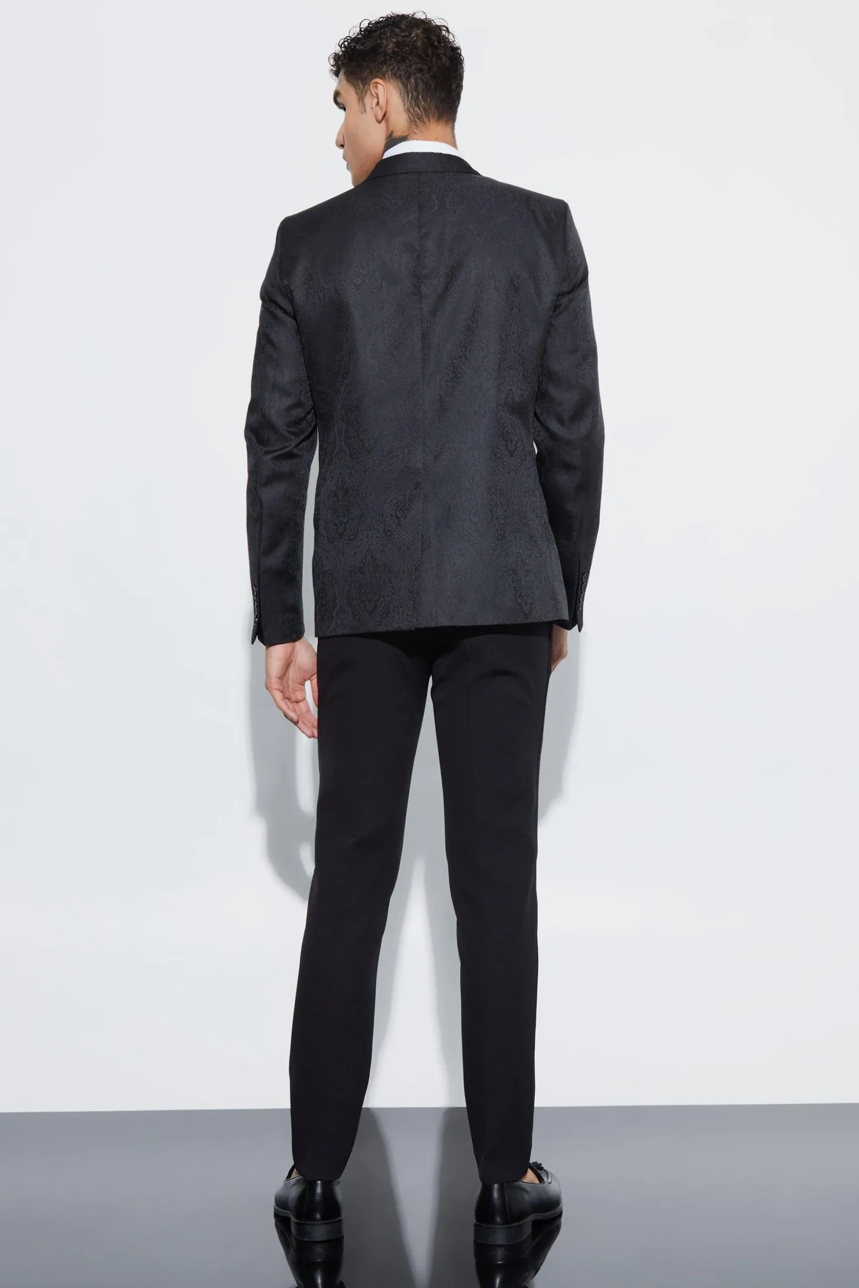 Slim Fit Contrast Lapel Jacquard Suit Jacket | BoohooMAN UK