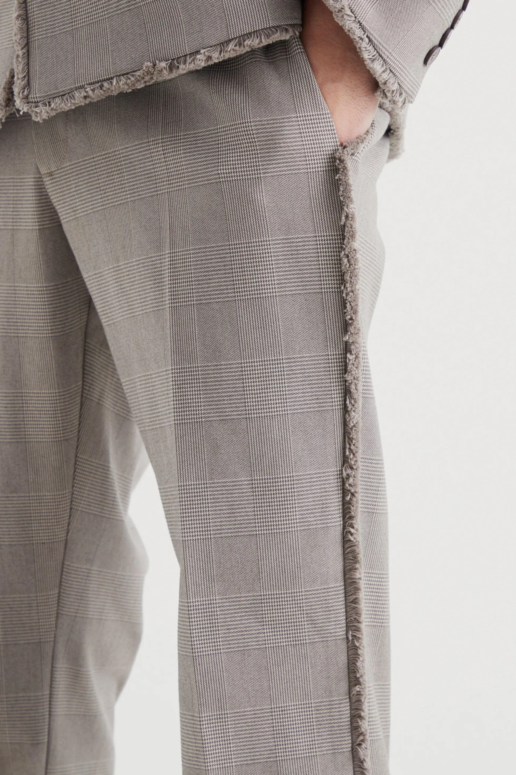 Slim Fit Smart Check Trousers With Distressing | BoohooMAN UK