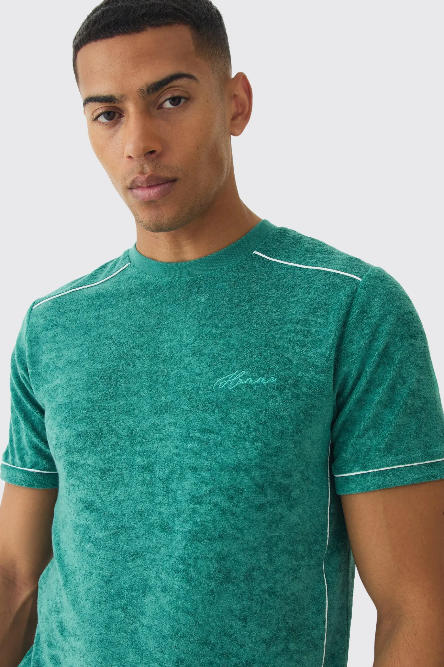 Slim Fit Towelling Piping T-shirt & Short Set | BoohooMAN UK