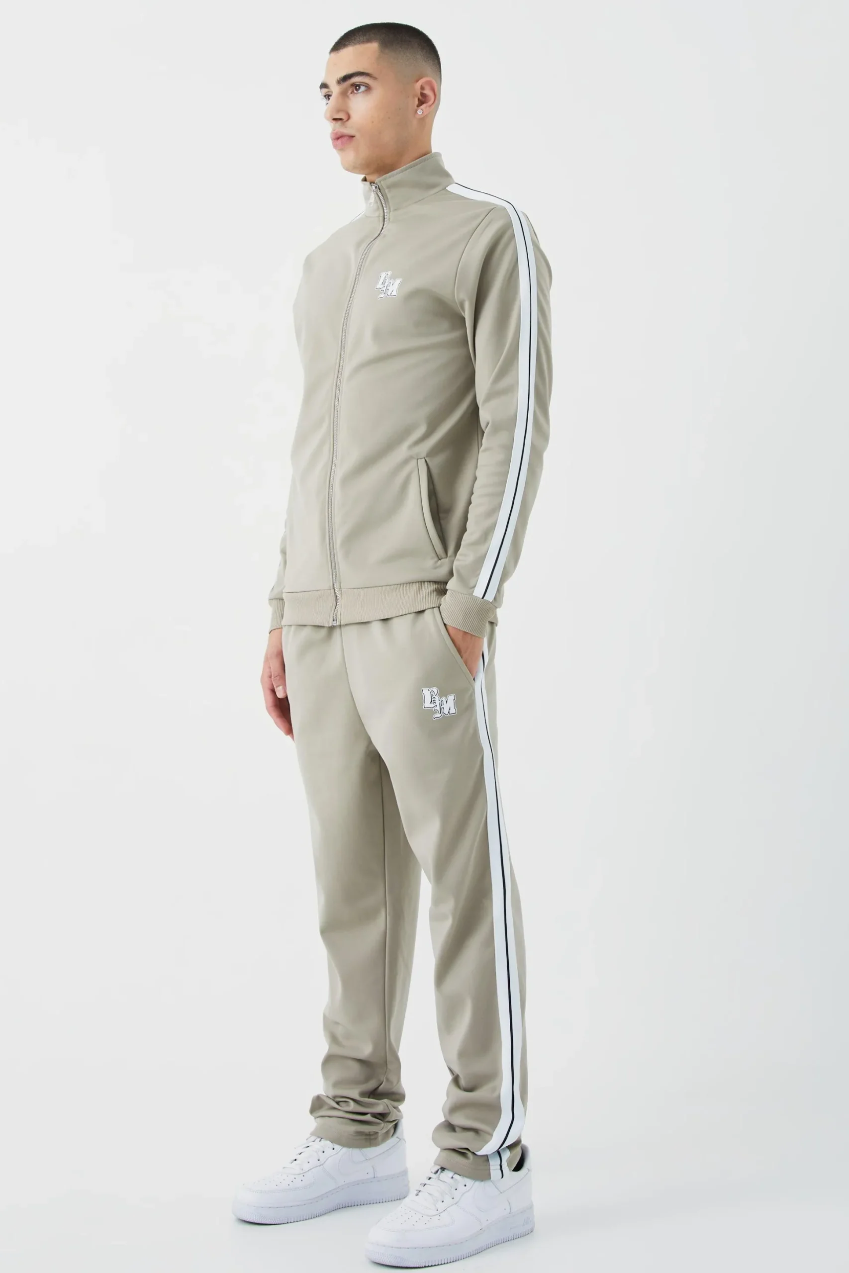 Slim Fit Tricot Side Tape Funnel Neck Tracksuit | BoohooMAN UK