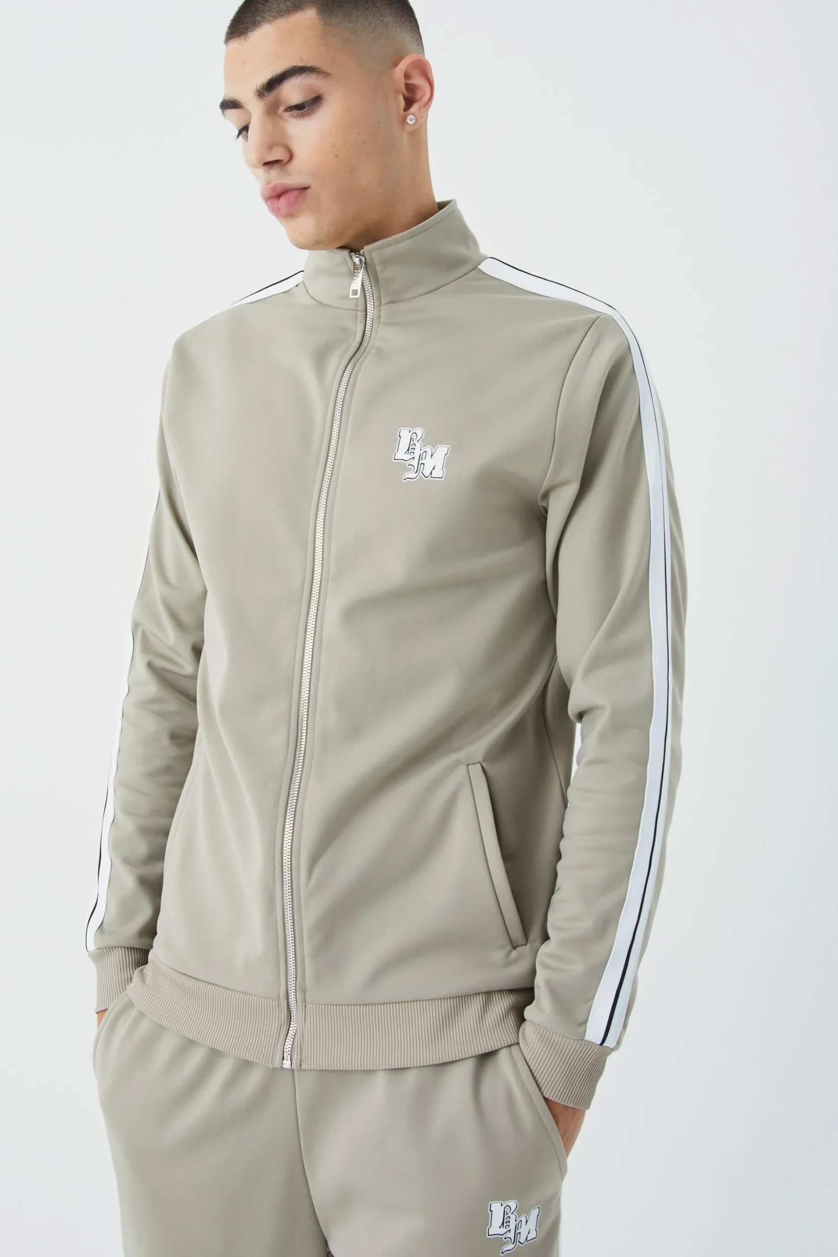 Slim Fit Tricot Side Tape Funnel Neck Tracksuit | BoohooMAN UK