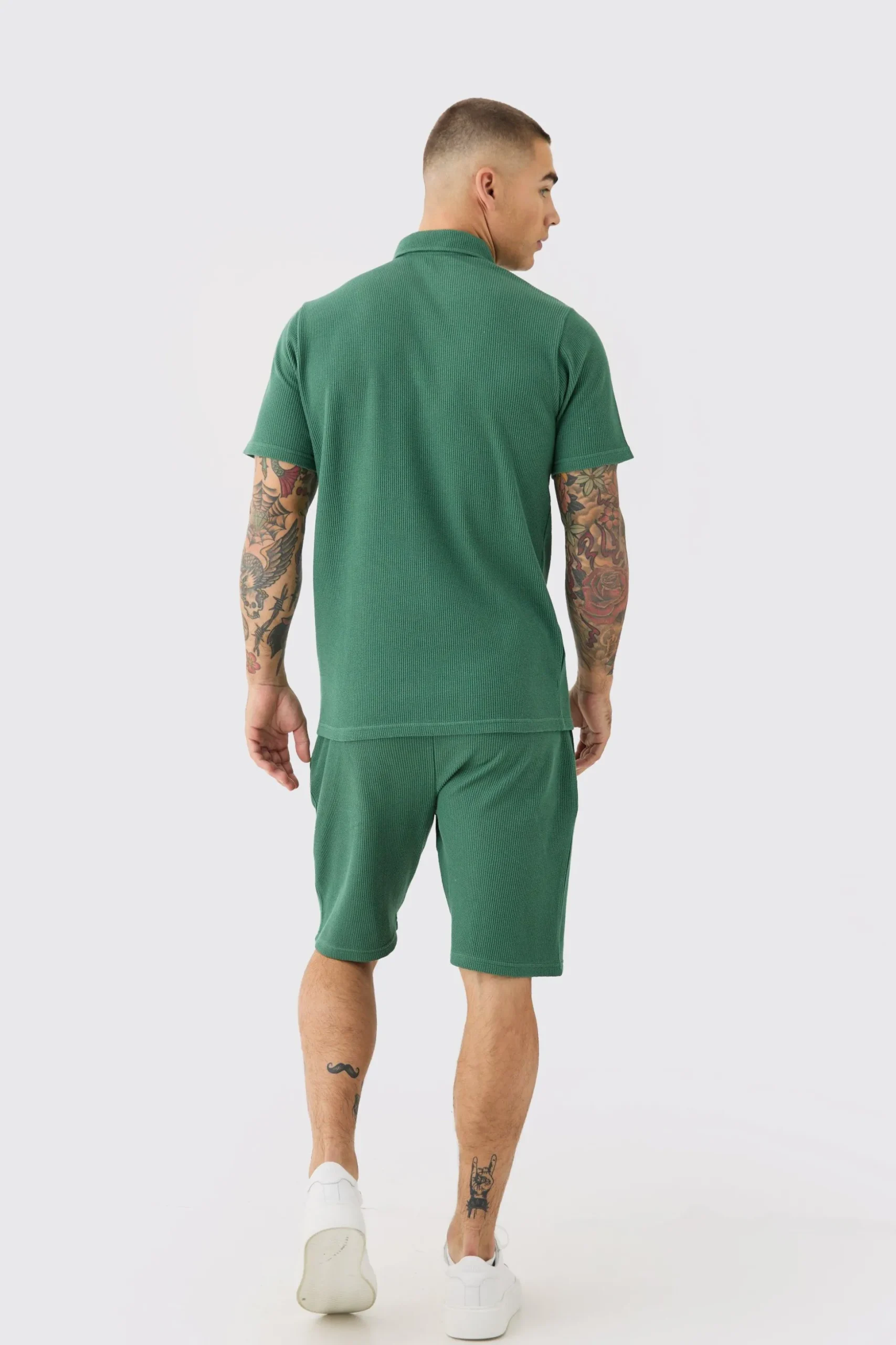 Slim Fit Waffle Polo & Short Set | BoohooMAN UK