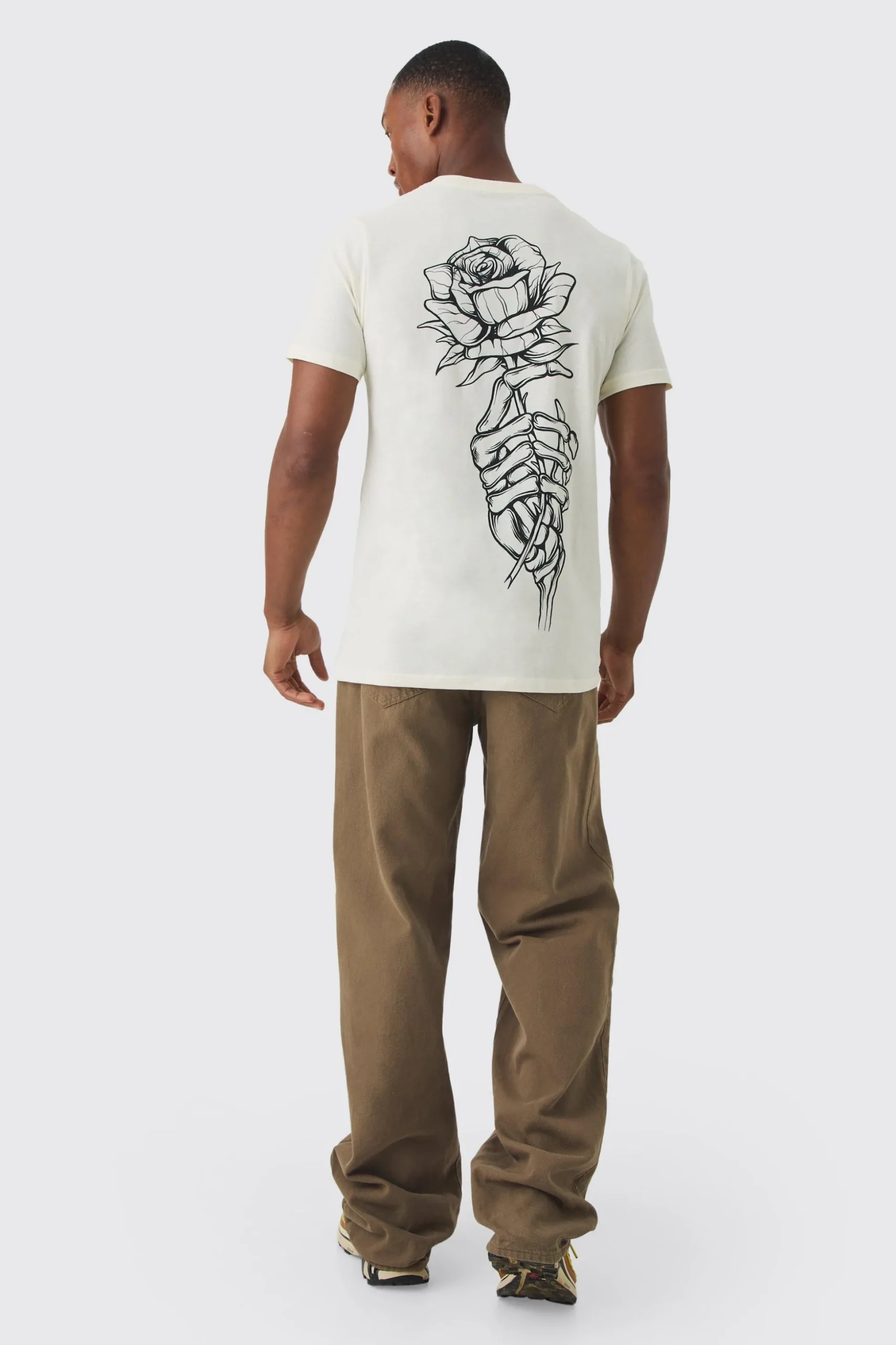 Slim Fit Washed Rose Line Drawing Back Print T-shirt | BoohooMAN UK