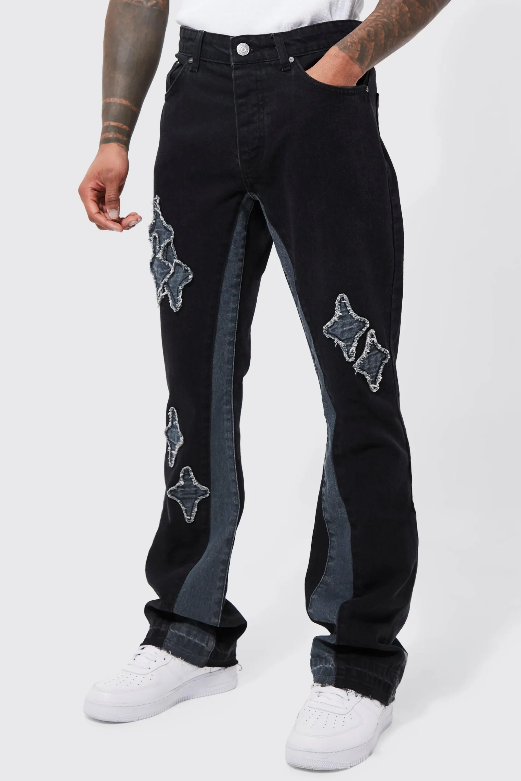 Slim Flare Applique Panel Jeans | BoohooMAN UK