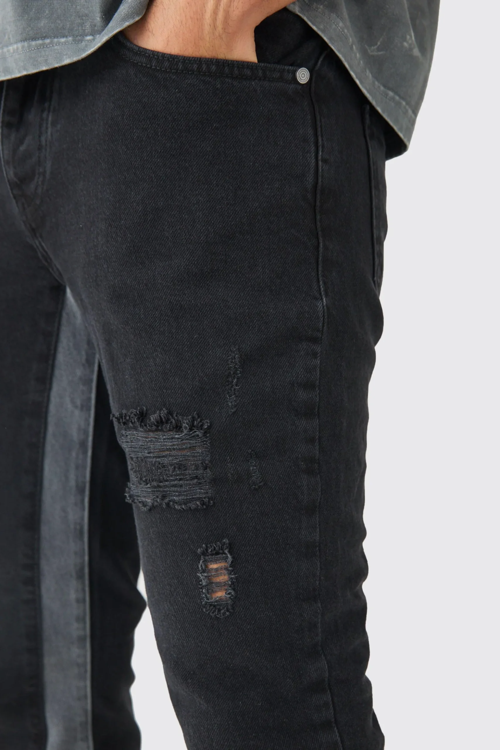 Slim Flare Distressed Gusset Panel Jeans | BoohooMAN UK